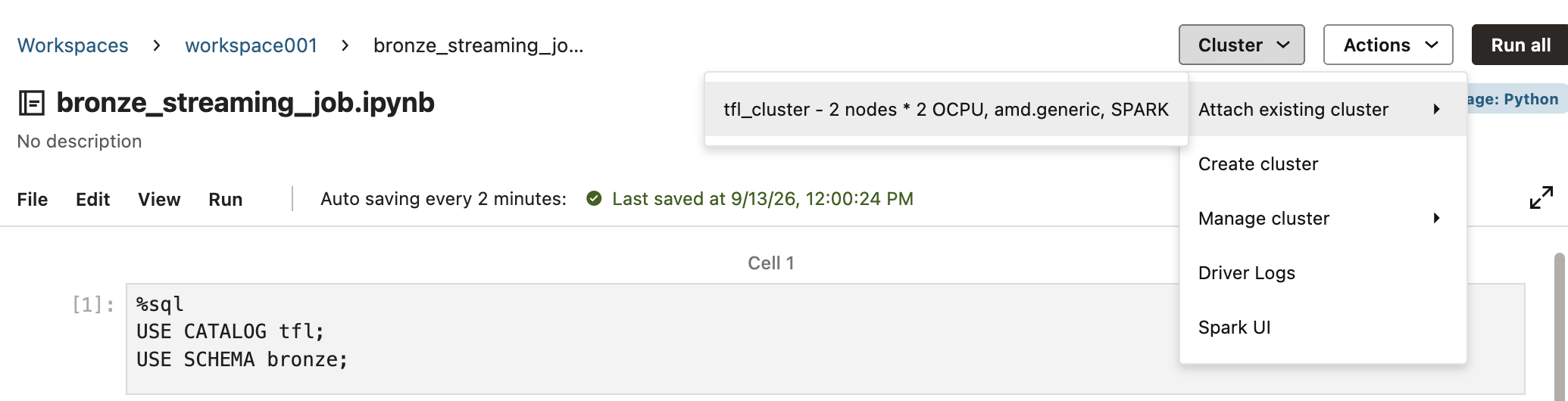 Notebook Cluster dropdown, Attach existing cluster, showing tfl_cluster: 2 nodes, 2 OCPU, amd.generic, SPARK
