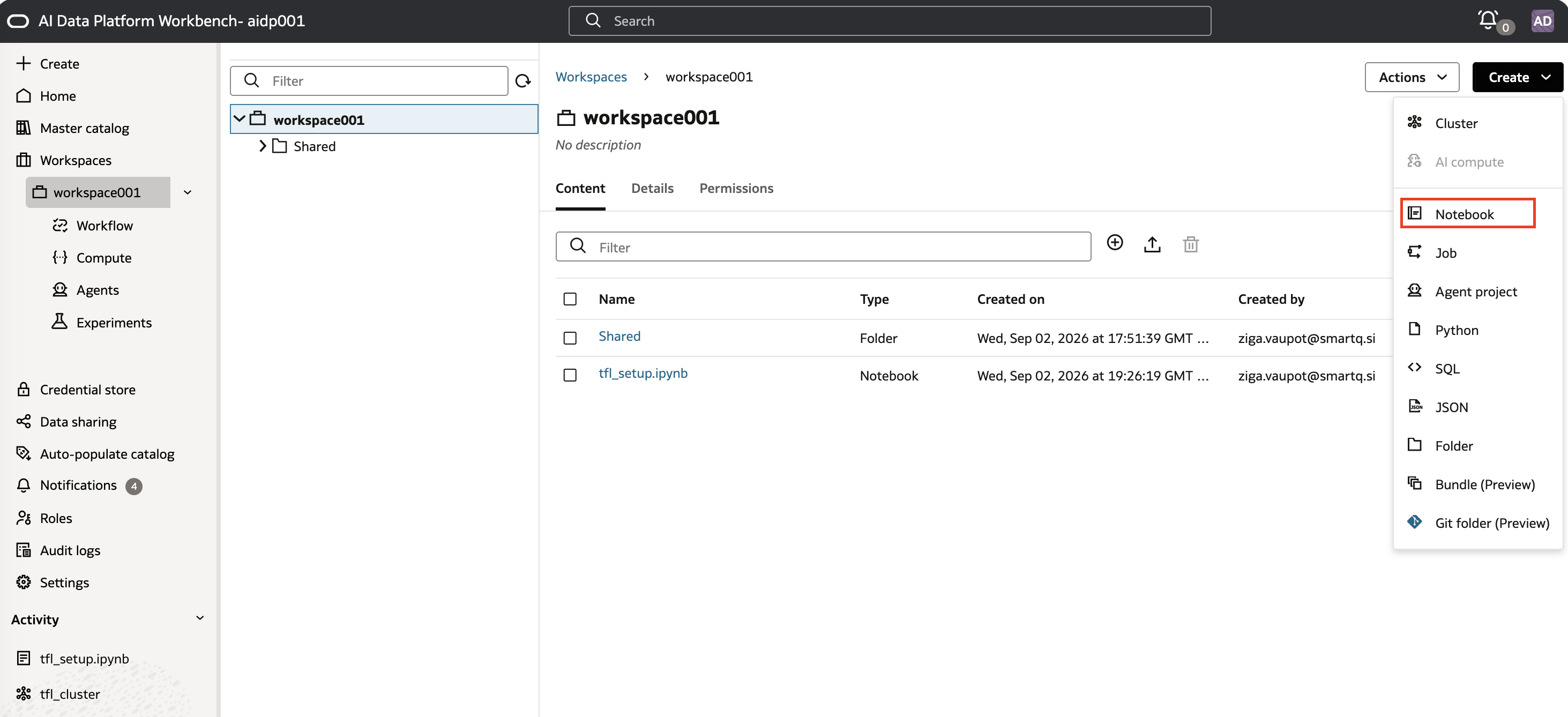Workbench Create menu, showing Notebook as an option alongside Job, Python, SQL, and Folder