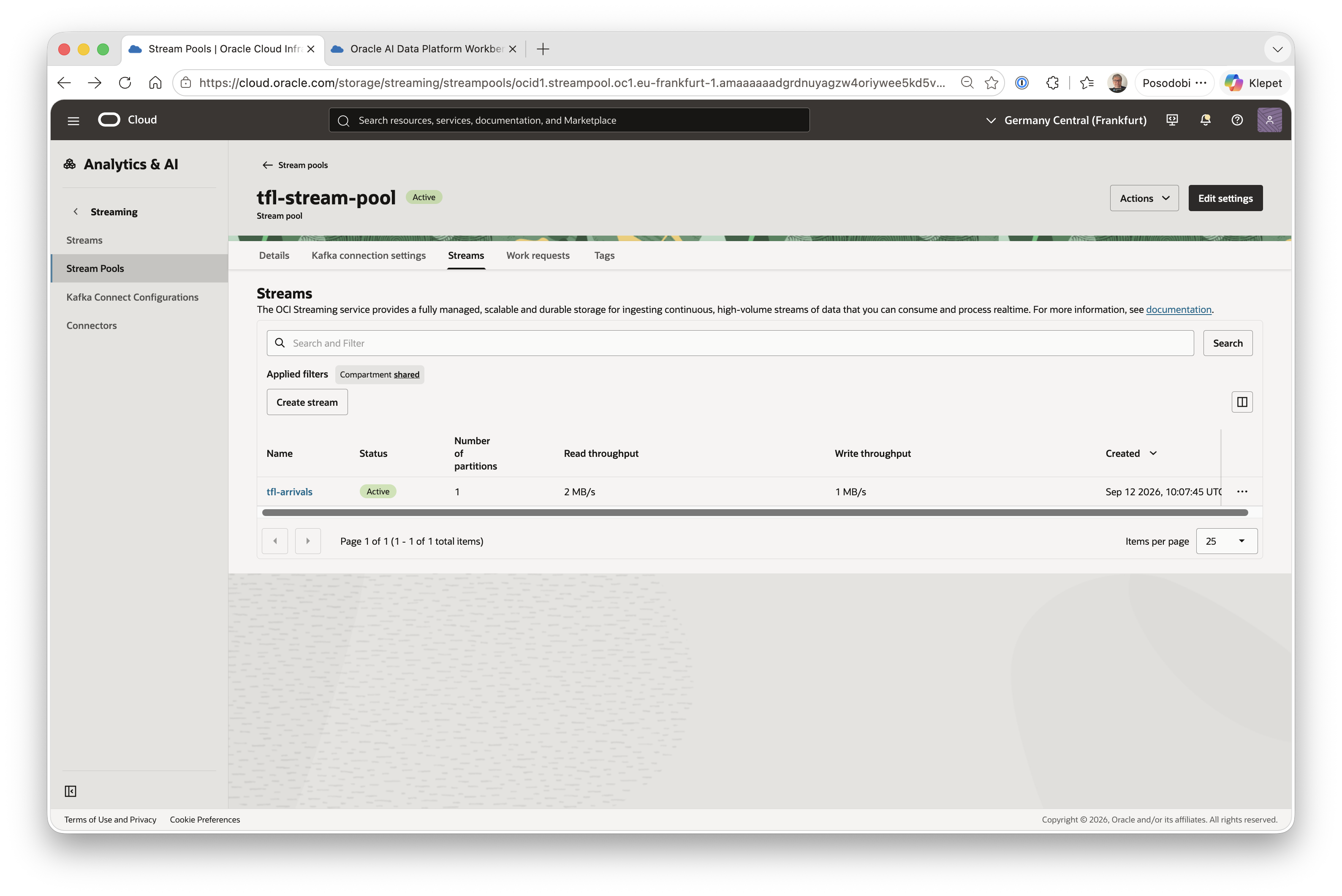tfl-stream-pool, Active, with the tfl-arrivals stream showing live read/write throughput