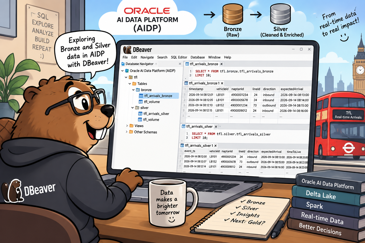 Illustration of a beaver at a desk running DBeaver against Oracle AI Data Platform, with tfl.bronze.arrivals_bronze and tfl.silver.arrivals_silver open side by side in the SQL editor, and Bronze and Silver Delta Lake barrels flowing toward real-time TfL insights