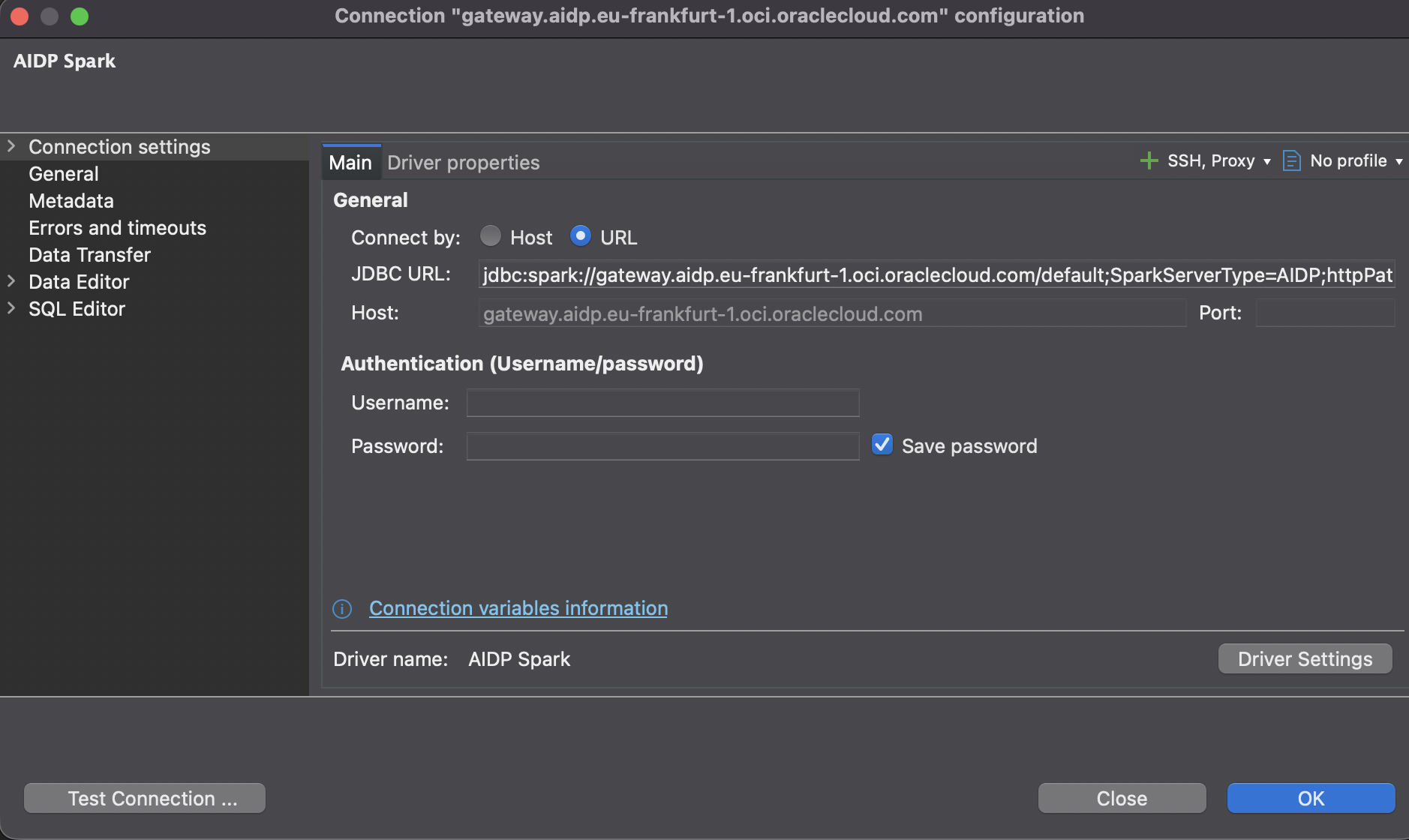 DBeaver connection configuration dialog, Connect by set to URL, with the full JDBC URL for gateway.aidp.eu-frankfurt-1.oci.oraclecloud.com pasted in and no username or password entered