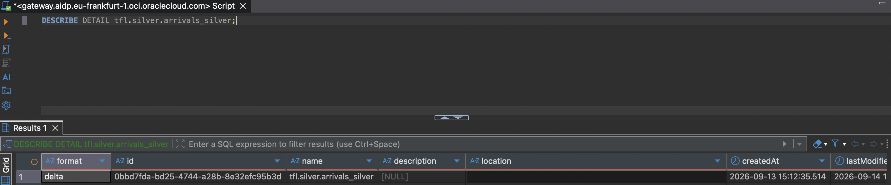 DESCRIBE DETAIL output for tfl.silver.arrivals_silver, showing format delta, a table id, name, and creation timestamp