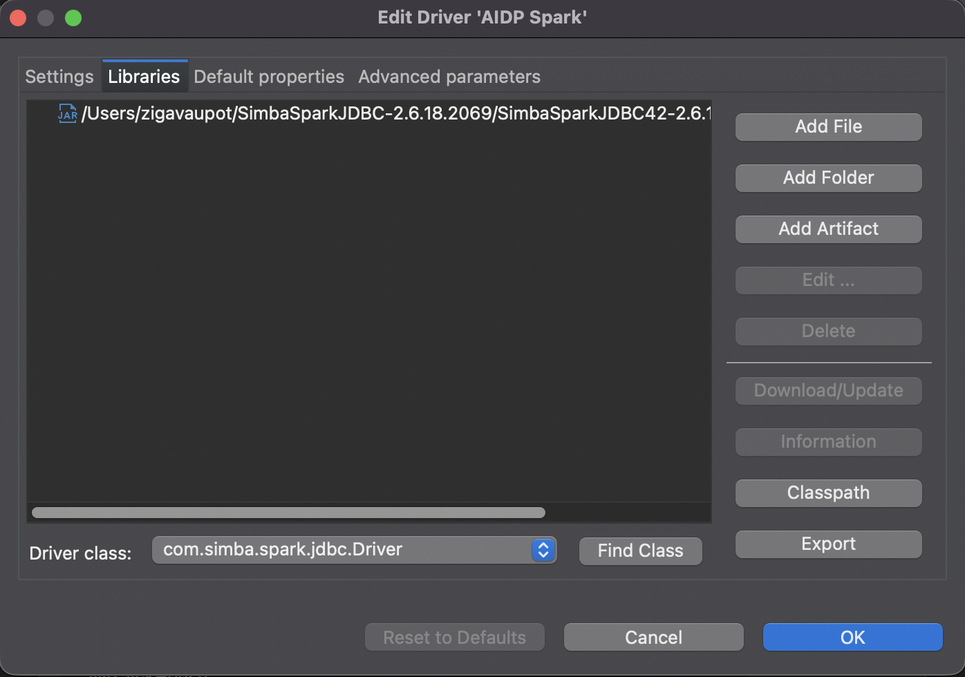 DBeaver Edit Driver AIDP Spark dialog, Libraries tab, showing the SimbaSparkJDBC42 jar file and Driver class dropdown set to com.simba.spark.jdbc.Driver