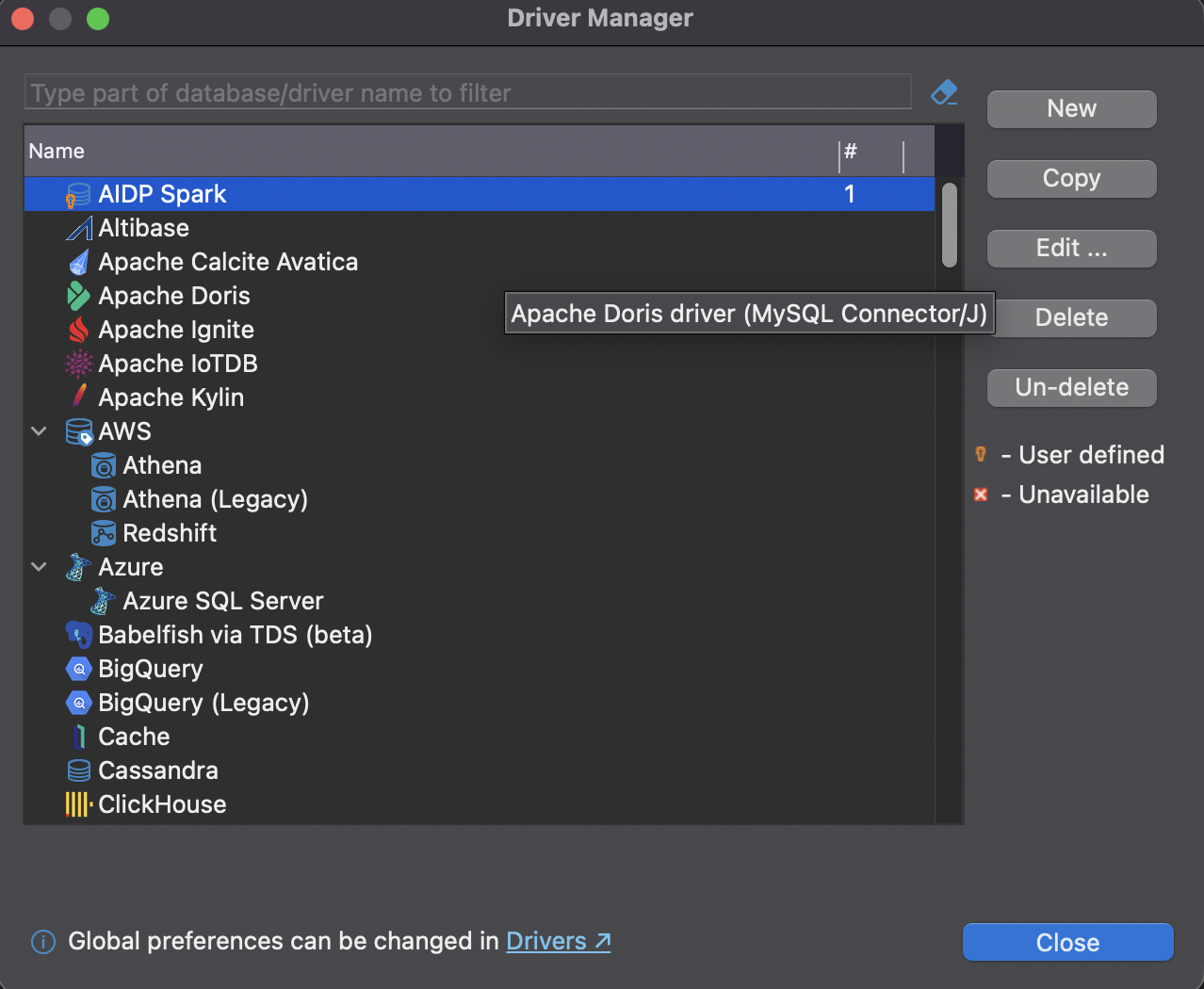 DBeaver Driver Manager list, showing AIDP Spark driver at the top with a legend explaining the User defined and Unavailable status icons