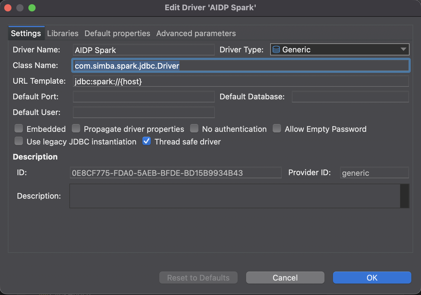 DBeaver Edit Driver AIDP Spark dialog, Settings tab, showing Class Name com.simba.spark.jdbc.Driver and URL Template jdbc:spark://{host}