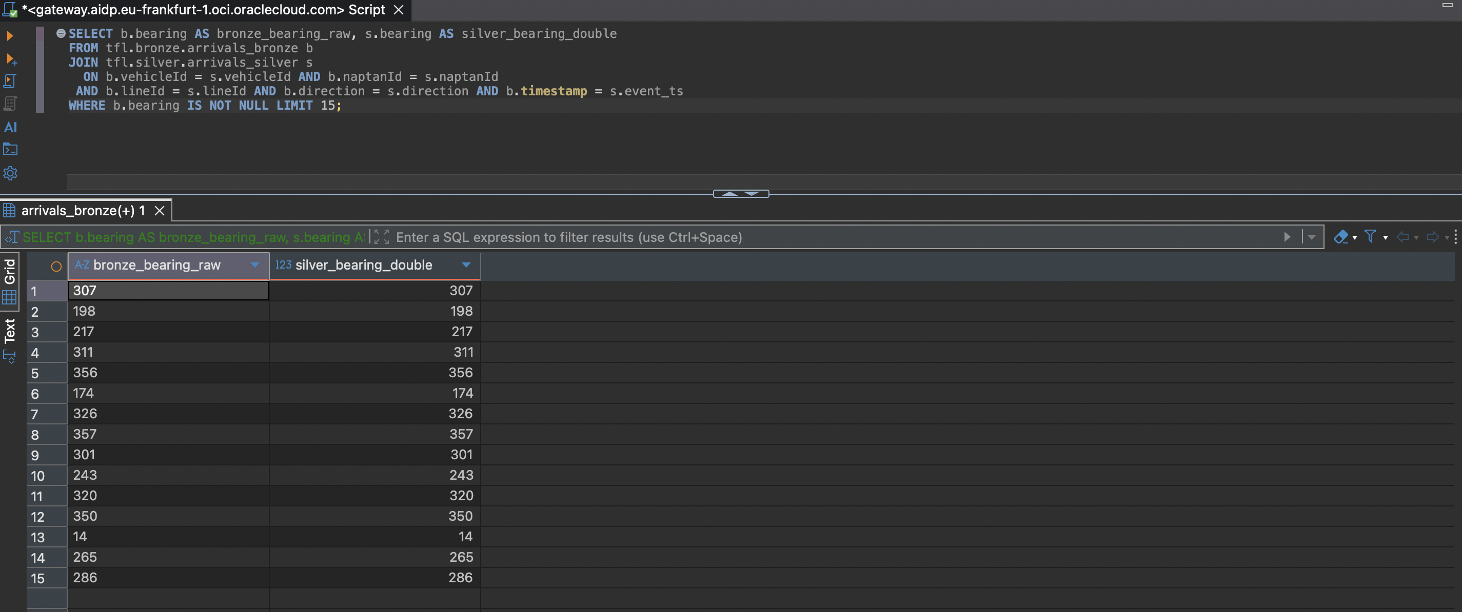 Join comparing bronze_bearing_raw and silver_bearing_double, showing identical numeric values across both columns