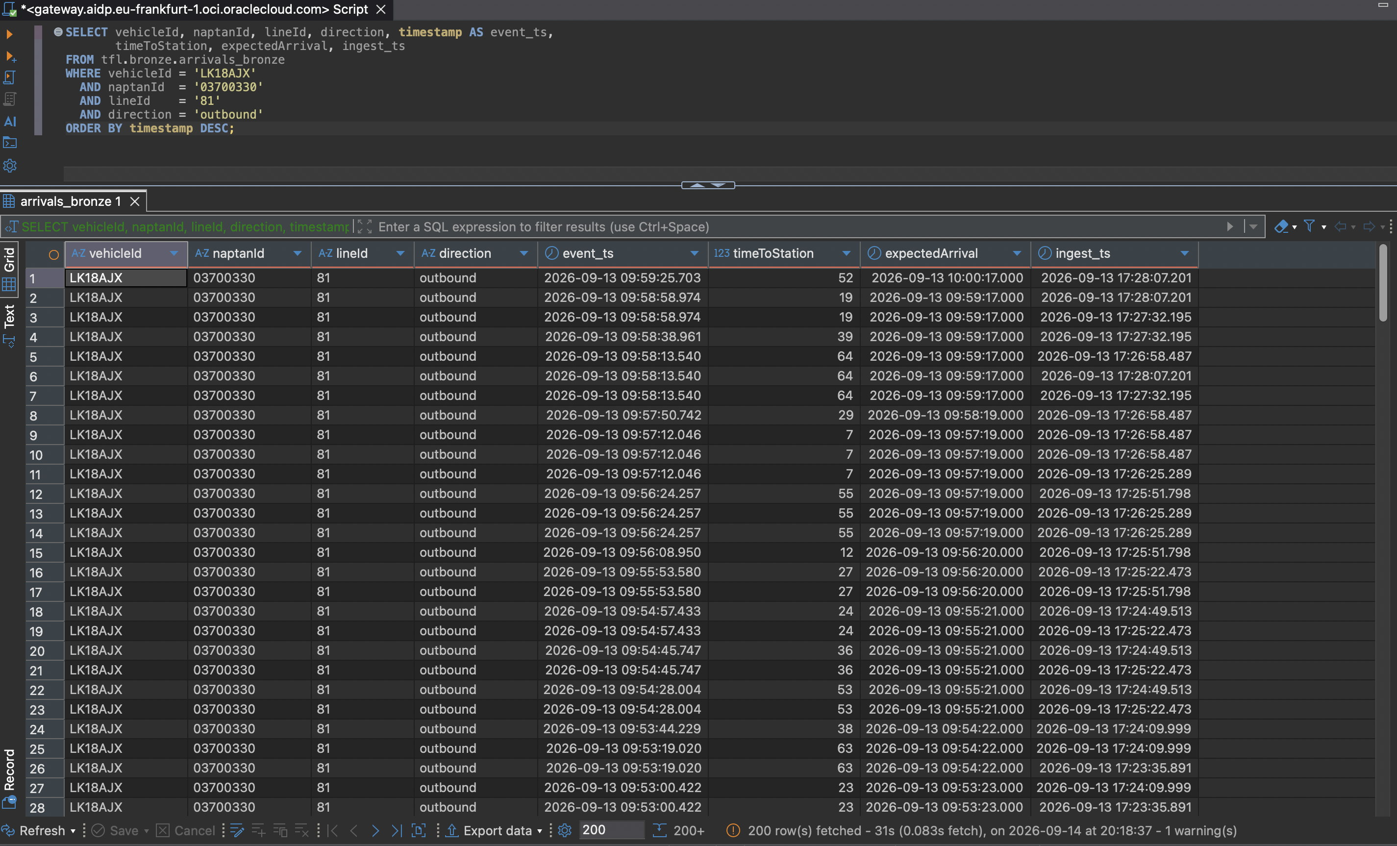 Bronze full history for the LK18AJX key, showing many rows with slightly different timestamps and timeToStation values, some rows repeated with different ingest_ts