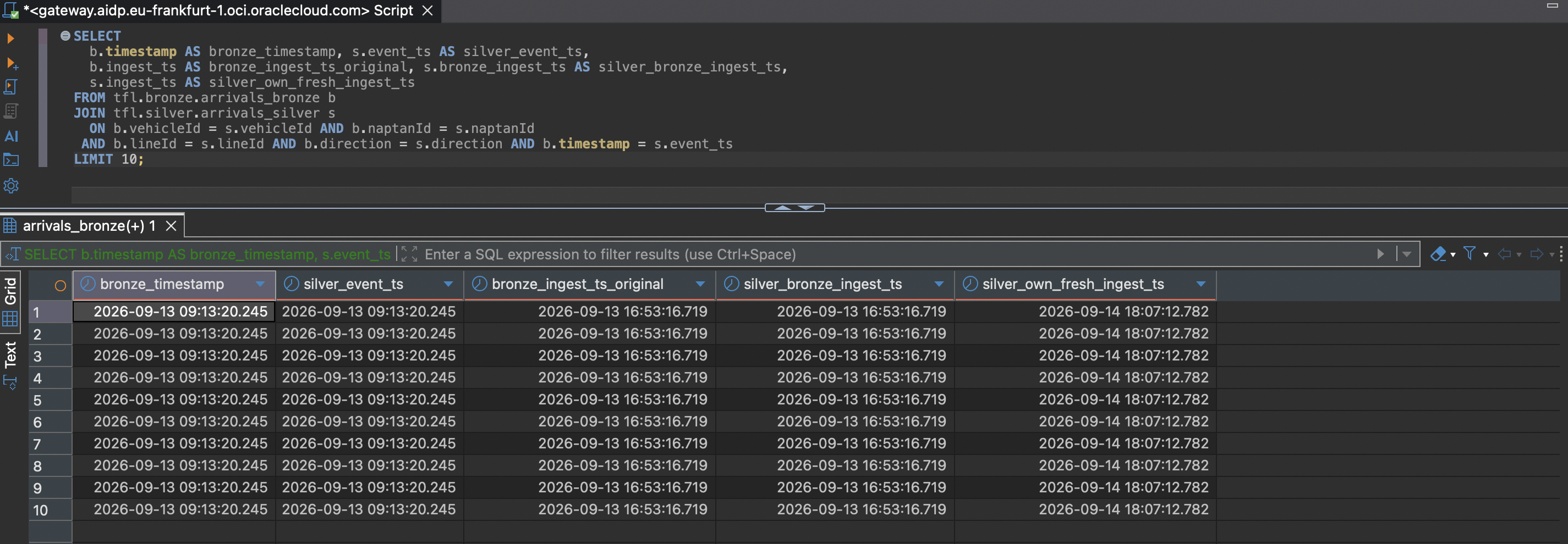 Join query comparing bronze_timestamp/silver_event_ts and bronze_ingest_ts_original/silver_bronze_ingest_ts, showing identical values, alongside a distinct silver_own_fresh_ingest_ts