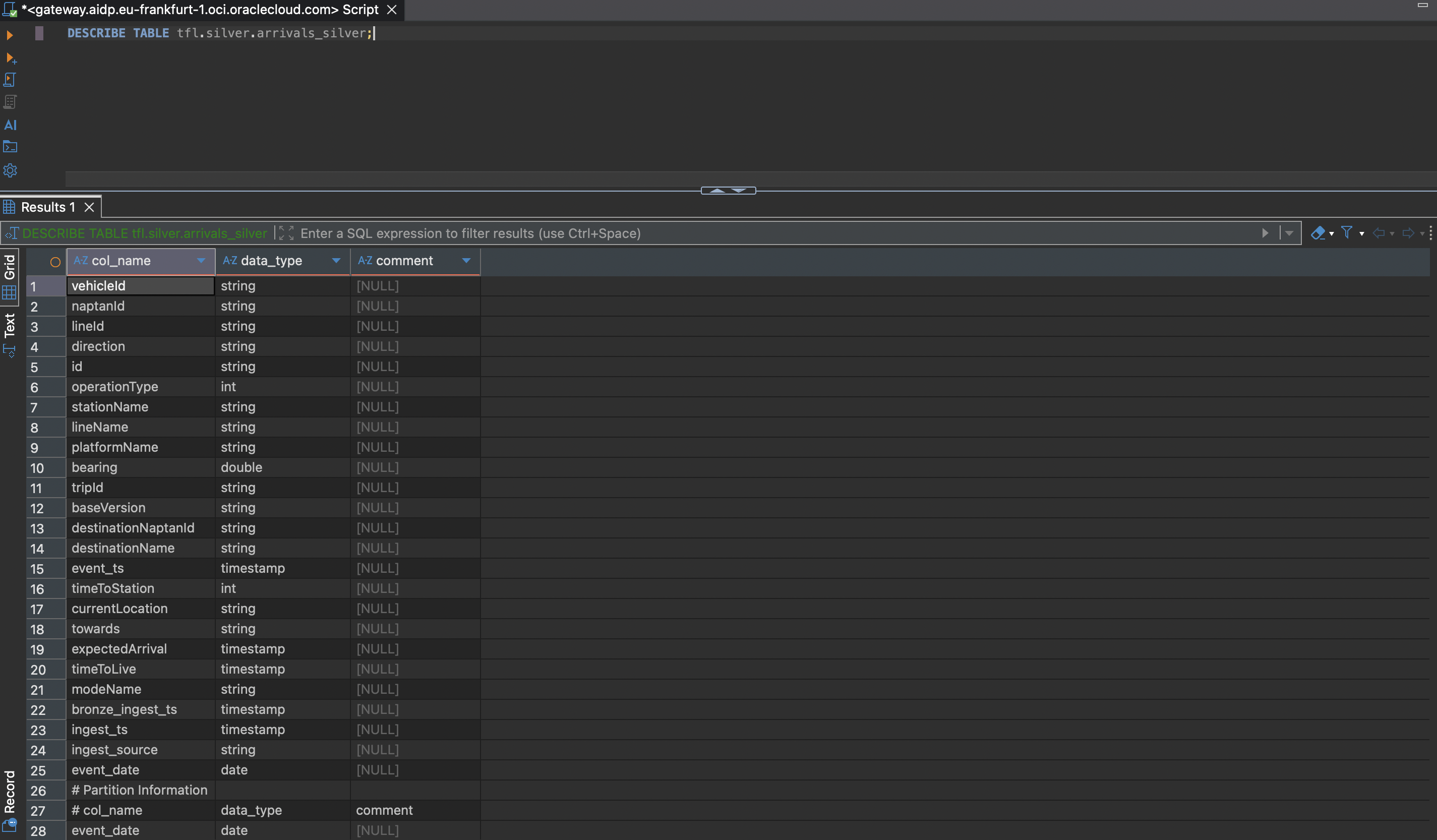 DESCRIBE TABLE output for tfl.silver.arrivals_silver, listing all columns and their types, plus partition information for event_date, with no timing column present