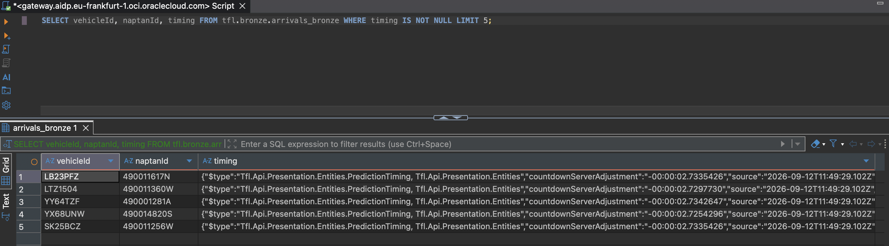 Bronze timing column values, each a JSON object with $type, countdownServerAdjustment, and source fields