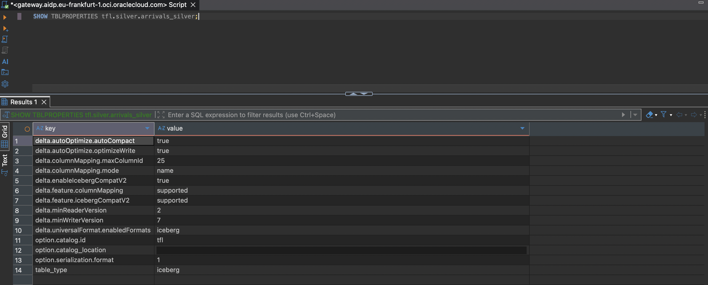 SHOW TBLPROPERTIES output for tfl.silver.arrivals_silver, including delta.universalFormat.enabledFormats=iceberg, delta.enableIcebergCompatV2=true, delta.feature.icebergCompatV2=supported, delta.columnMapping.mode=name, delta.minReaderVersion=2, delta.minWriterVersion=7, and table_type=iceberg