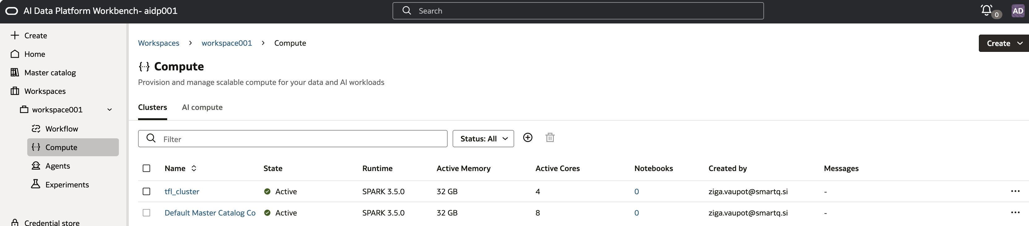 Compute list showing tfl_cluster and Default Master Catalog Compute both Active