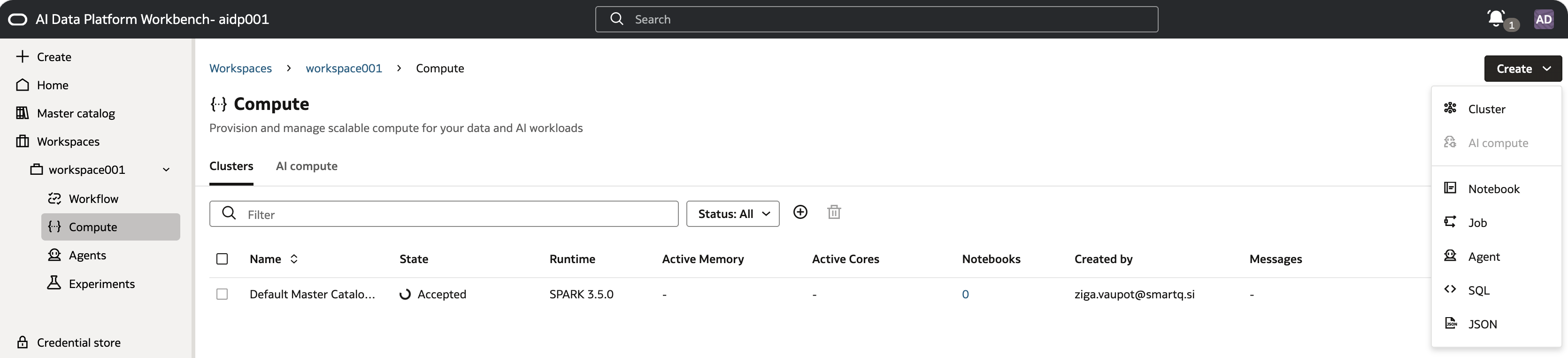 Create cluster form, Quickstart configuration, 2 OCPU/32GB driver and worker, autoscale 1-10 workers