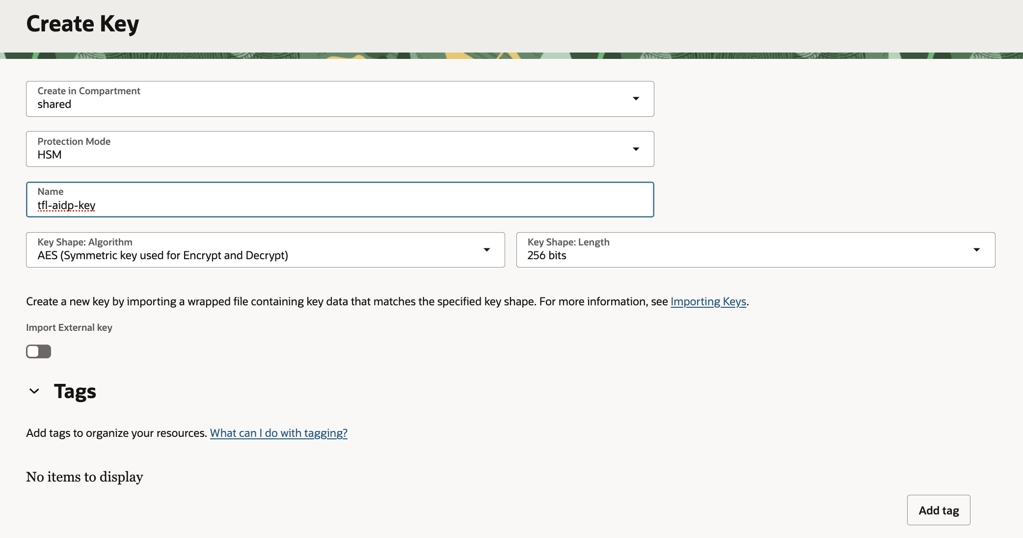 Create Key form, name tfl-aidp-key, AES algorithm, 256-bit length