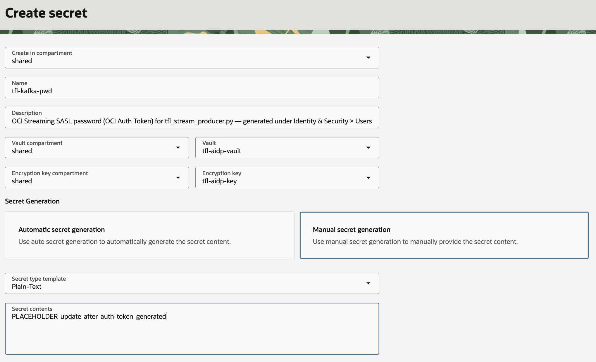 Create secret form for tfl-kafka-pwd, Manual secret generation, Plain-Text template, placeholder contents