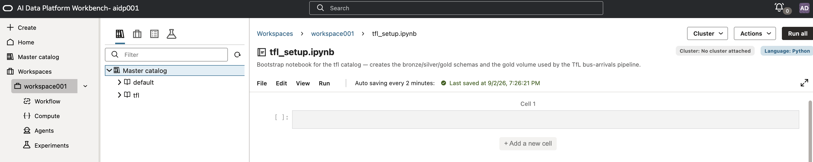New notebook tfl_setup.ipynb, no cluster attached, Language Python