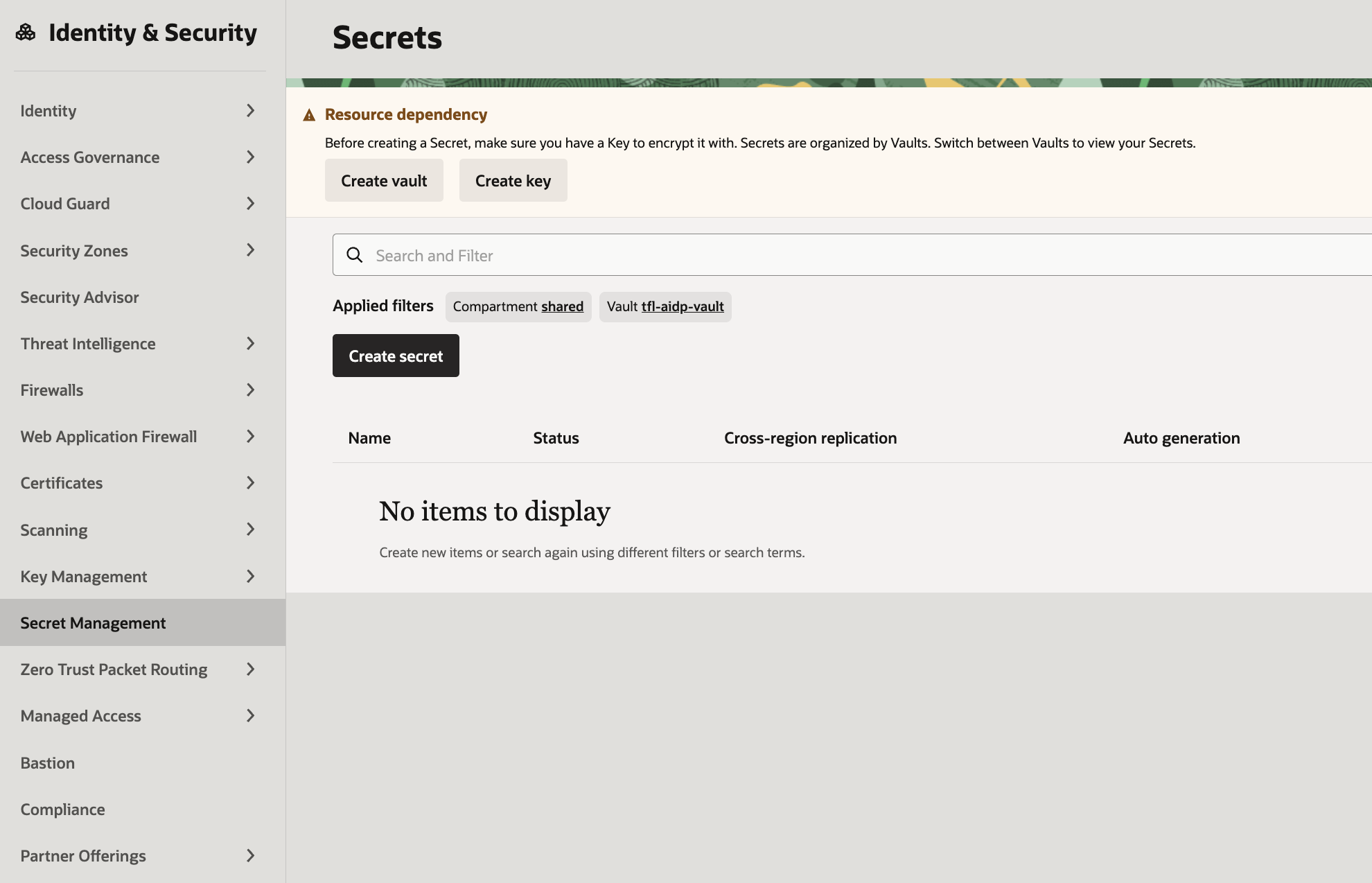 Secrets Management console, empty, filtered to compartment shared and vault tfl-aidp-vault