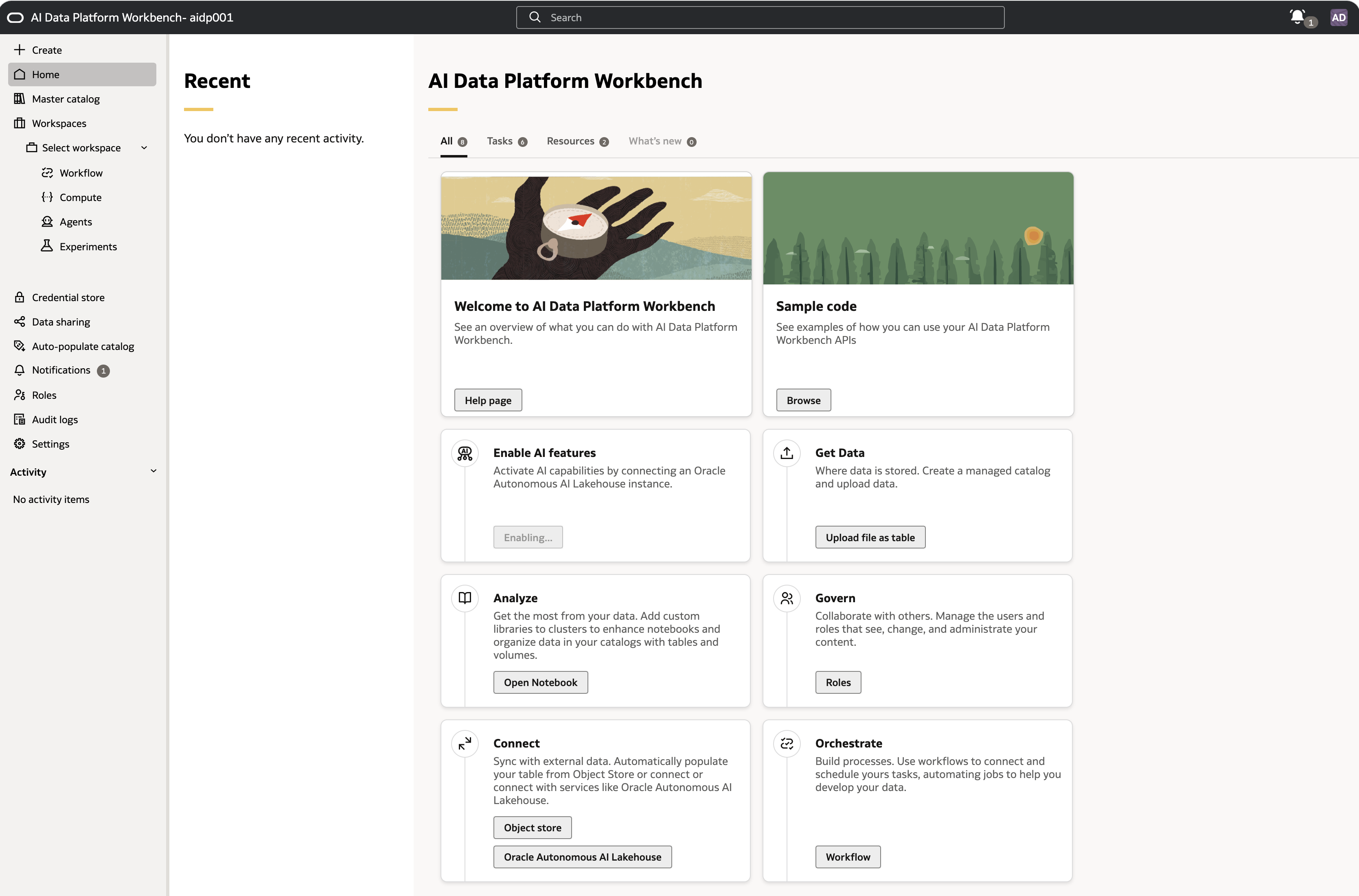 AI Data Platform Workbench home page for aidp001