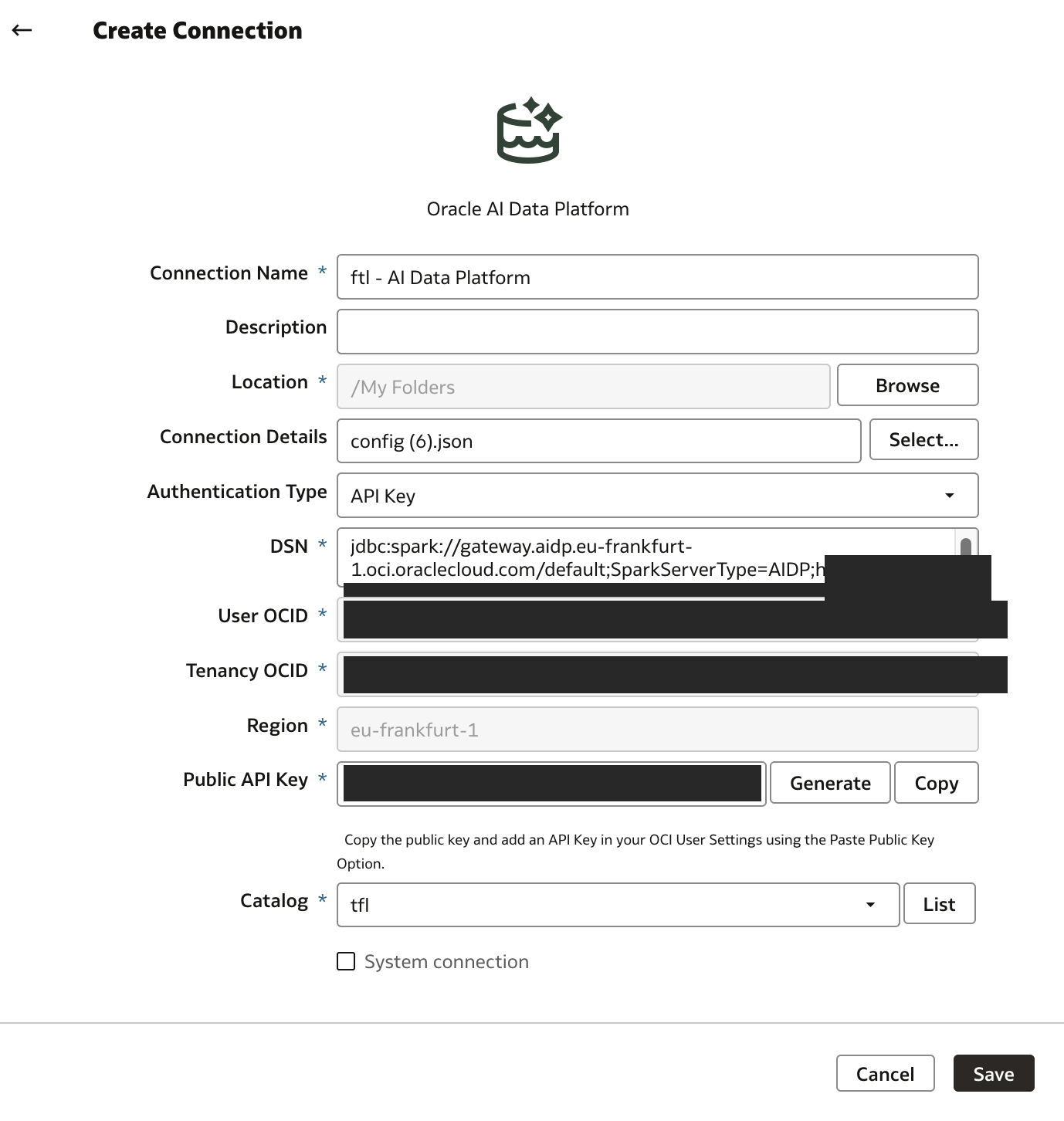 OAC Create Connection form for Oracle AI Data Platform: connection name ftl - AI Data Platform, config.json loaded, API Key authentication, region eu-frankfurt-1, catalog tfl; OCIDs, fingerprint and cluster path redacted