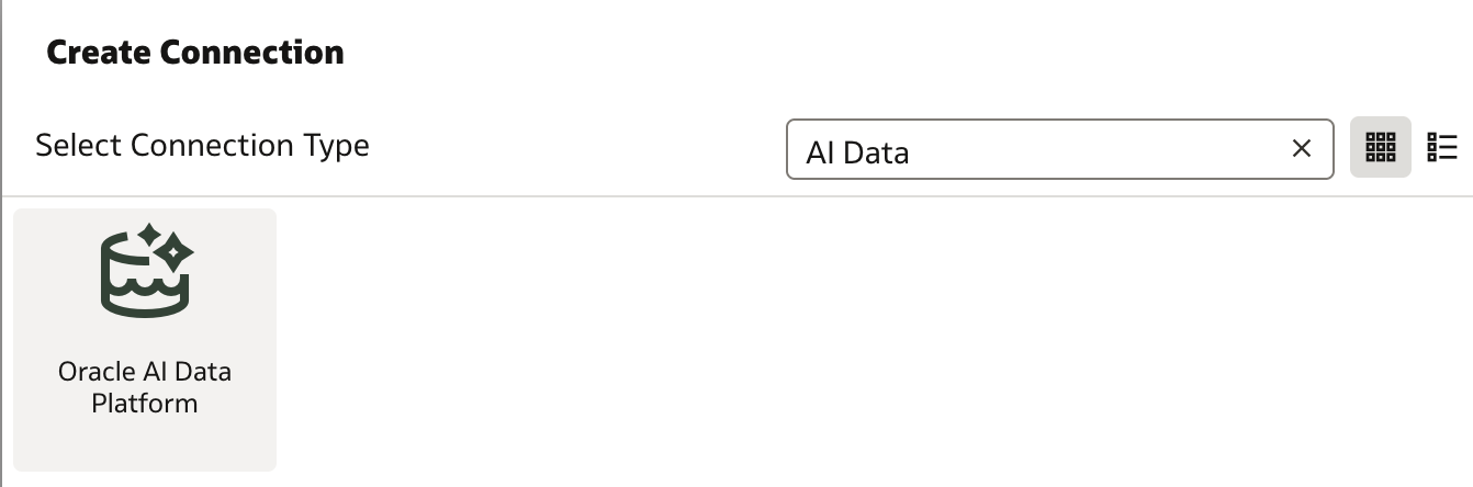 OAC Create Connection, Select Connection Type filtered on AI Data, showing the Oracle AI Data Platform tile