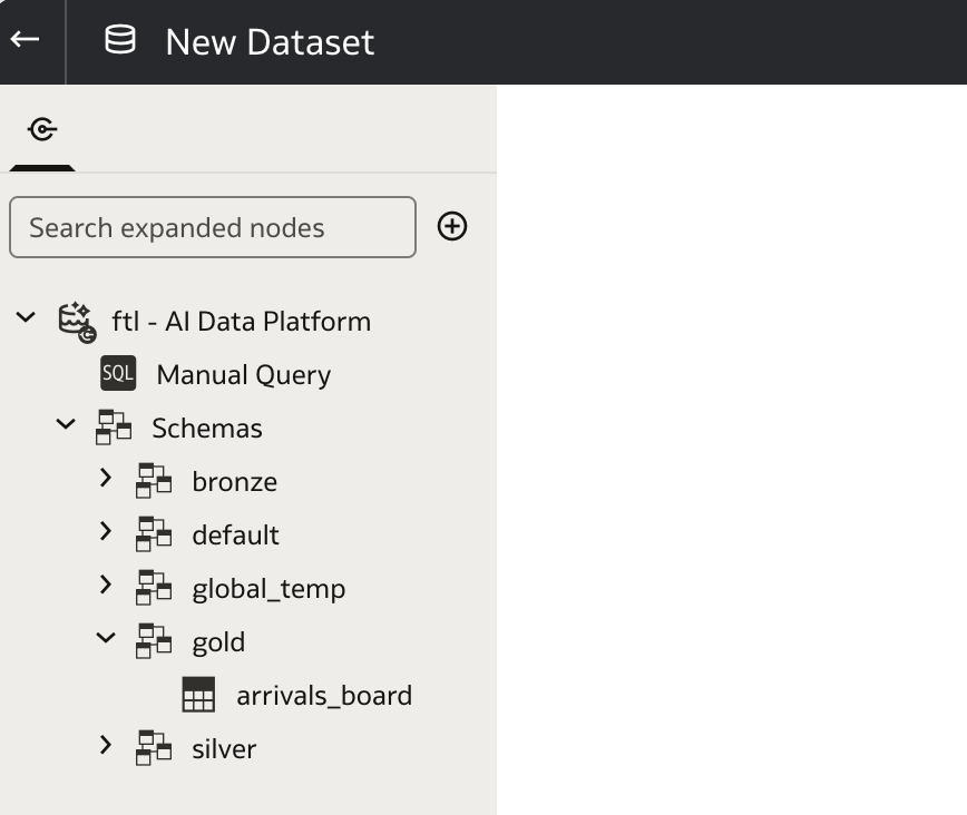 OAC New Dataset: the ftl - AI Data Platform connection expanded, showing schemas bronze, default, global_temp, gold (with arrivals_board) and silver