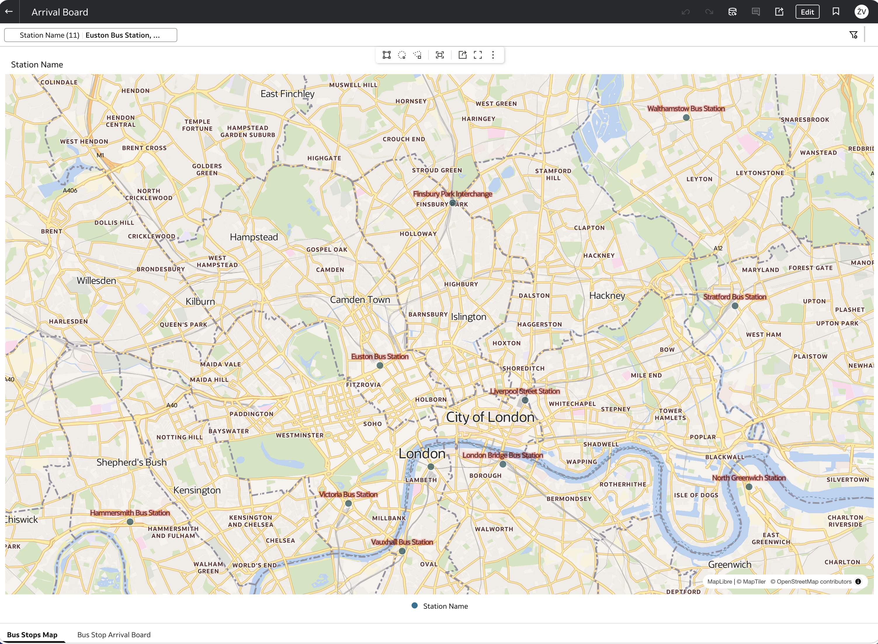 OAC Bus Stops Map in presentation mode showing Walthamstow, Finsbury Park, Stratford, Euston, Liverpool Street, London Bridge, Victoria, Vauxhall, Hammersmith and North Greenwich bus stations