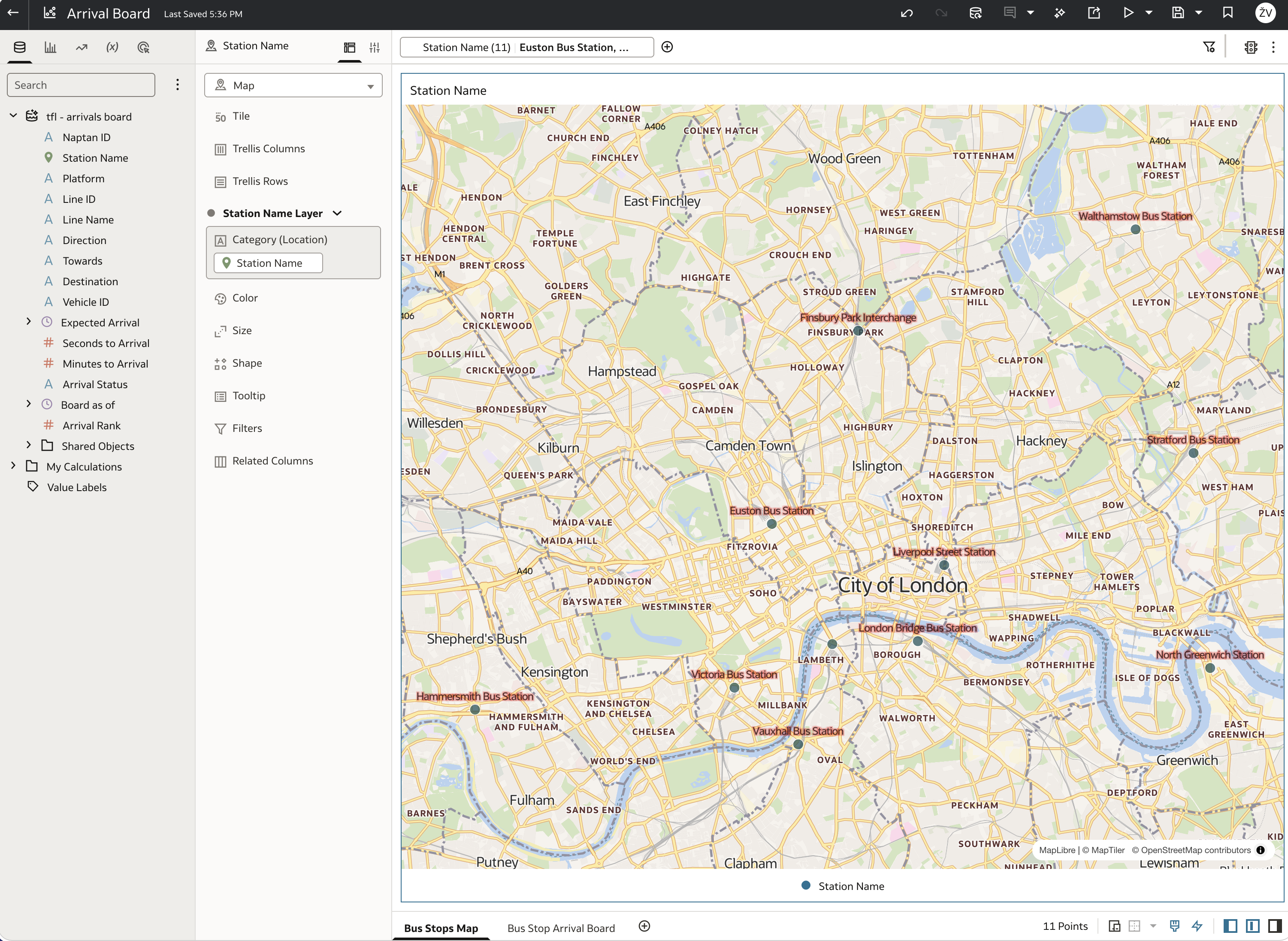 OAC workbook Arrival Board in edit mode: Map visualization with Station Name as Category (Location), showing 11 bus stations across central London