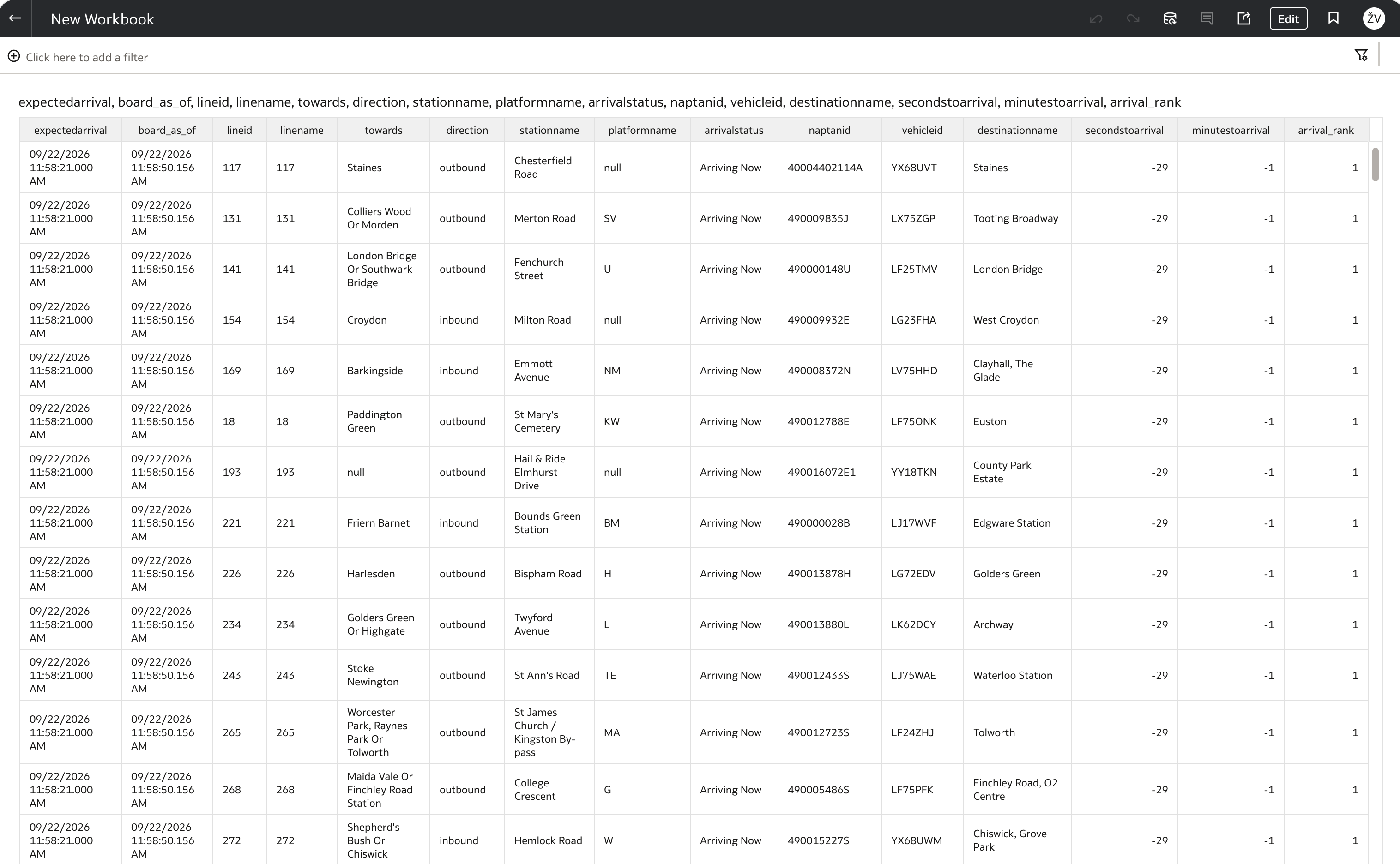 OAC workbook table over arrivals_board showing rows with arrivalstatus Arriving Now, secondstoarrival -29, minutestoarrival -1 and arrival_rank 1, board_as_of 29 seconds after expectedarrival