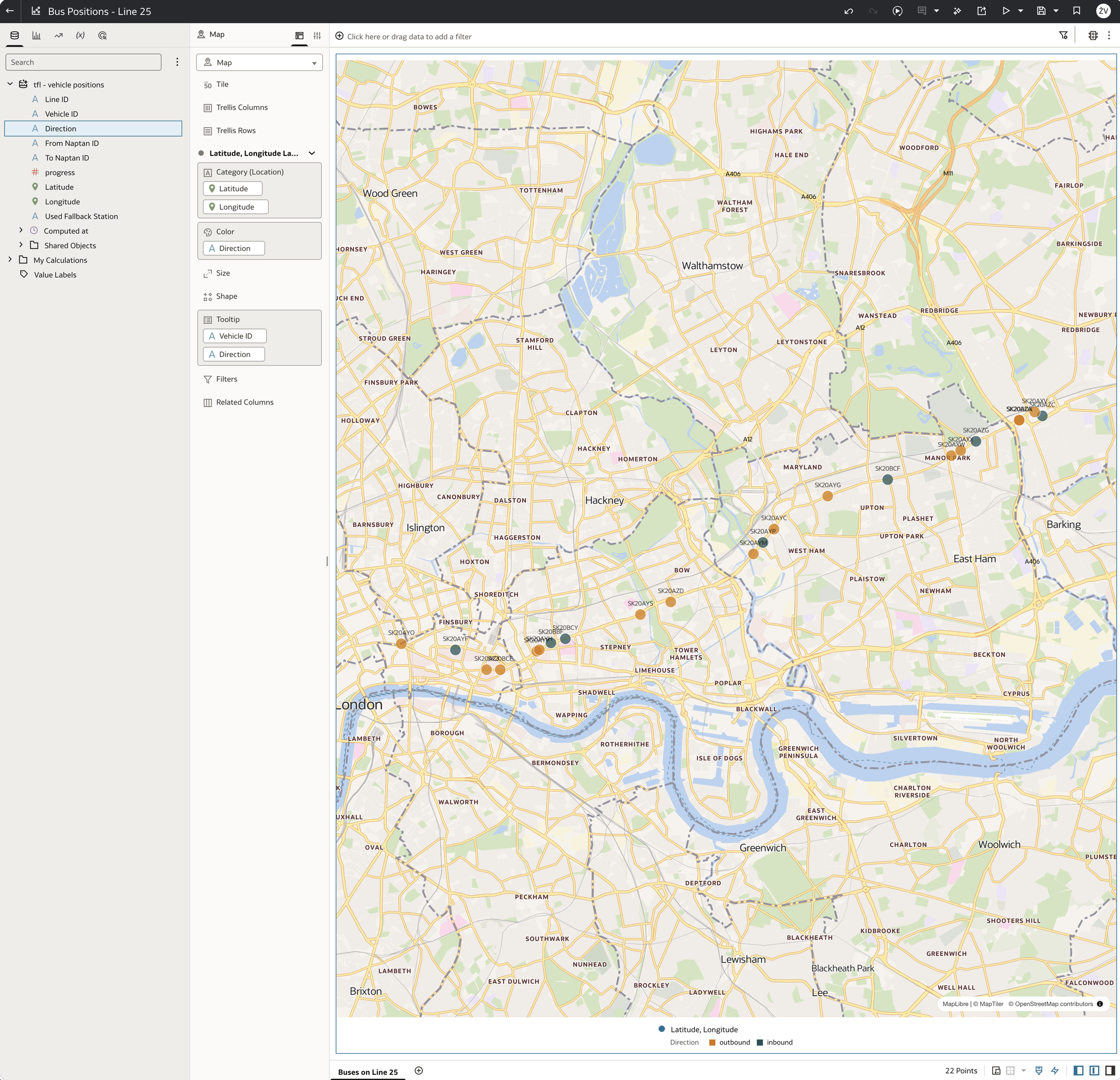 OAC workbook Bus Positions - Line 25 in edit mode: map with Latitude and Longitude as location, Direction as colour and Vehicle ID as tooltip; buses spread from the City to Ilford