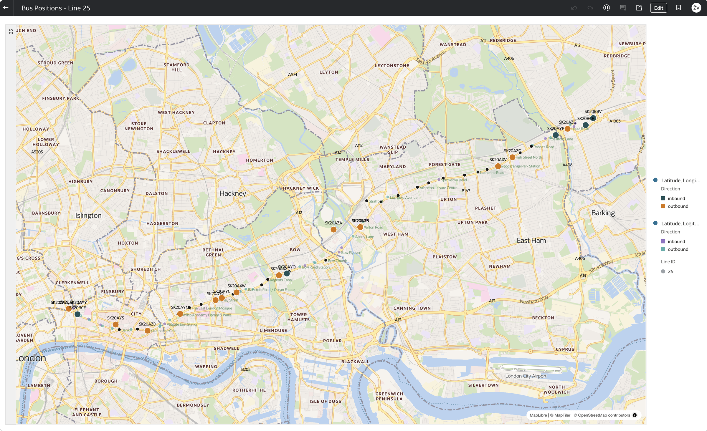OAC map of line 25: route stops from tfl.gold.stations as small points with names, and buses as larger orange (outbound) and dark (inbound) points along the route from Bank to Ilford