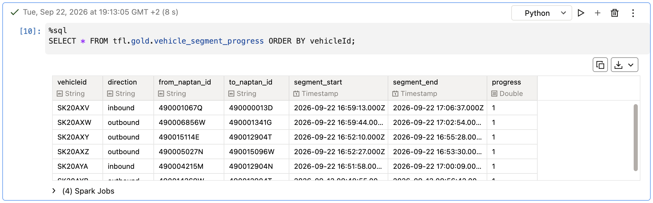 vehicle_segment_progress output where every row has progress 1, with a partially visible row from 2026-09-13 at the bottom