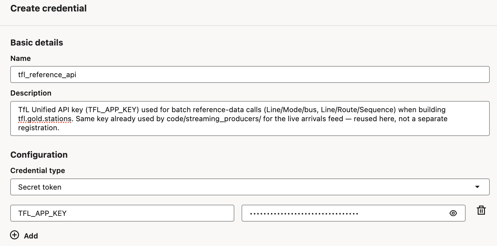 AIDP Create credential form: name tfl_reference_api, credential type Secret token, key TFL_APP_KEY with a masked value
