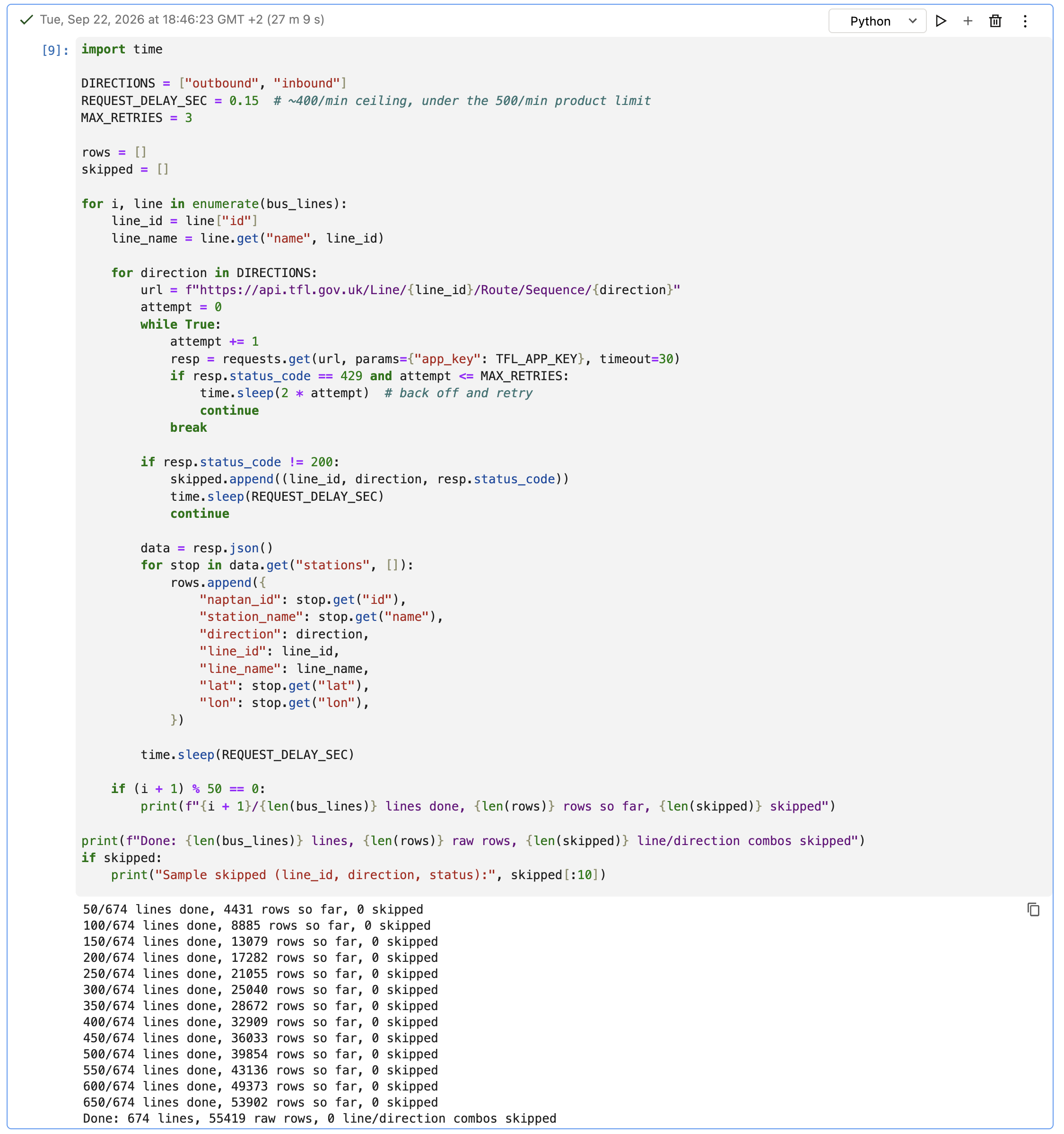 The fetch loop finished after 27 minutes 9 seconds: 674 lines, 55,419 raw rows, 0 line/direction combinations skipped