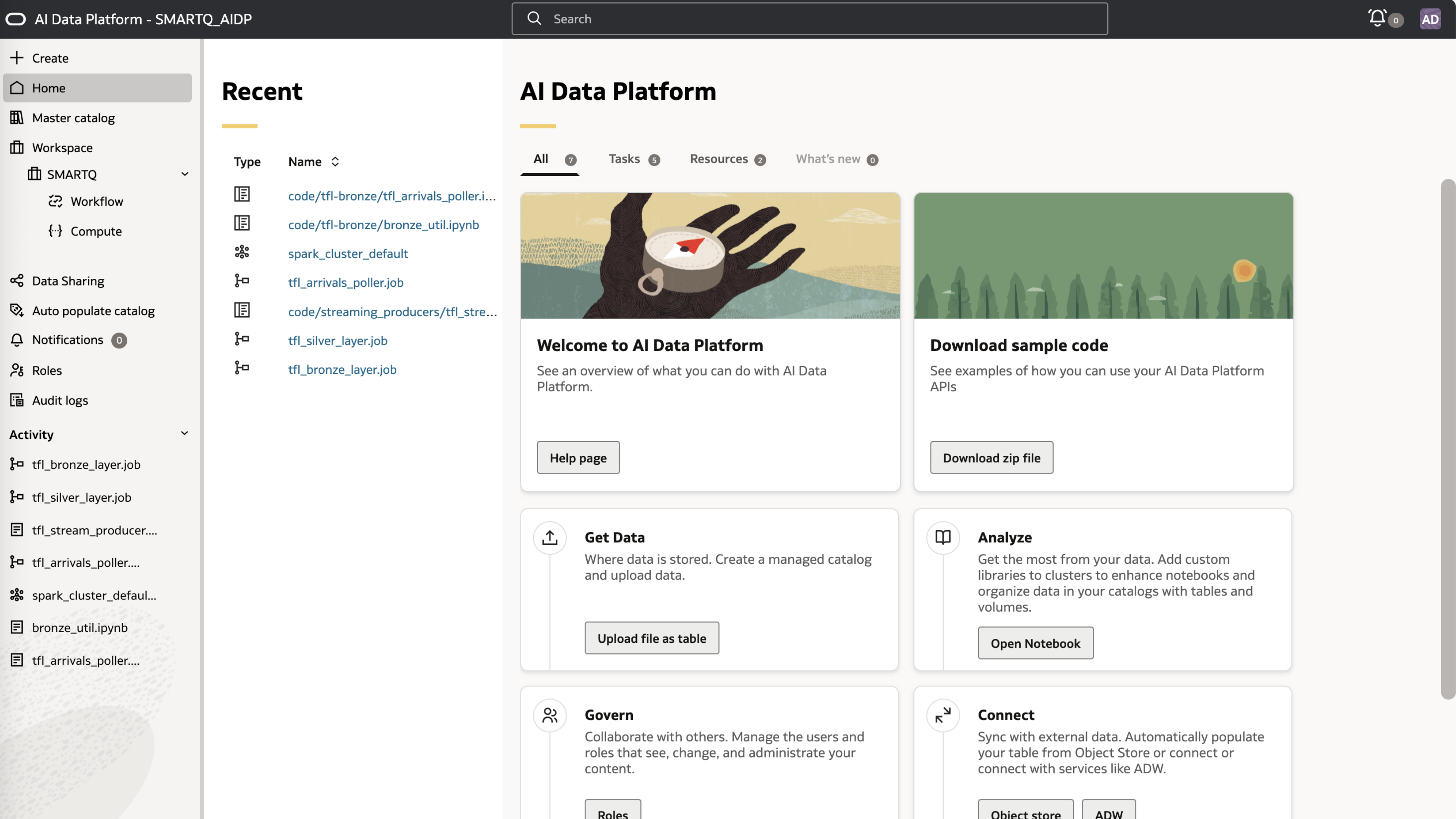 AI Data Platform workspace (SMARTQ_AIDP) — master catalog, workflows, and the jobs that run the bronze, silver, and streaming layers