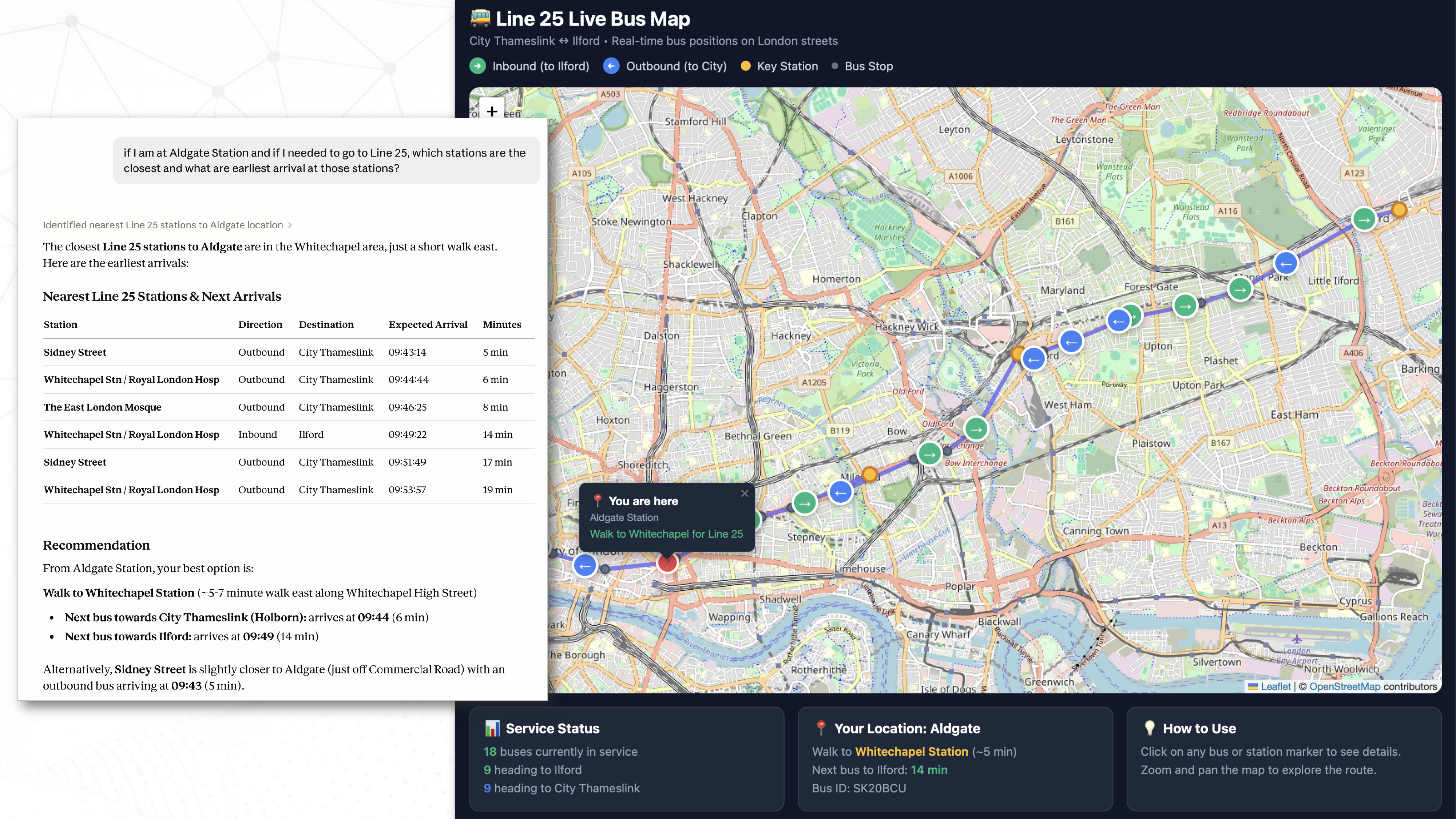 Live Line 25 bus map demo — a natural-language query answered from live TfL streaming data, showing nearest stations, walking distance, and next arrivals