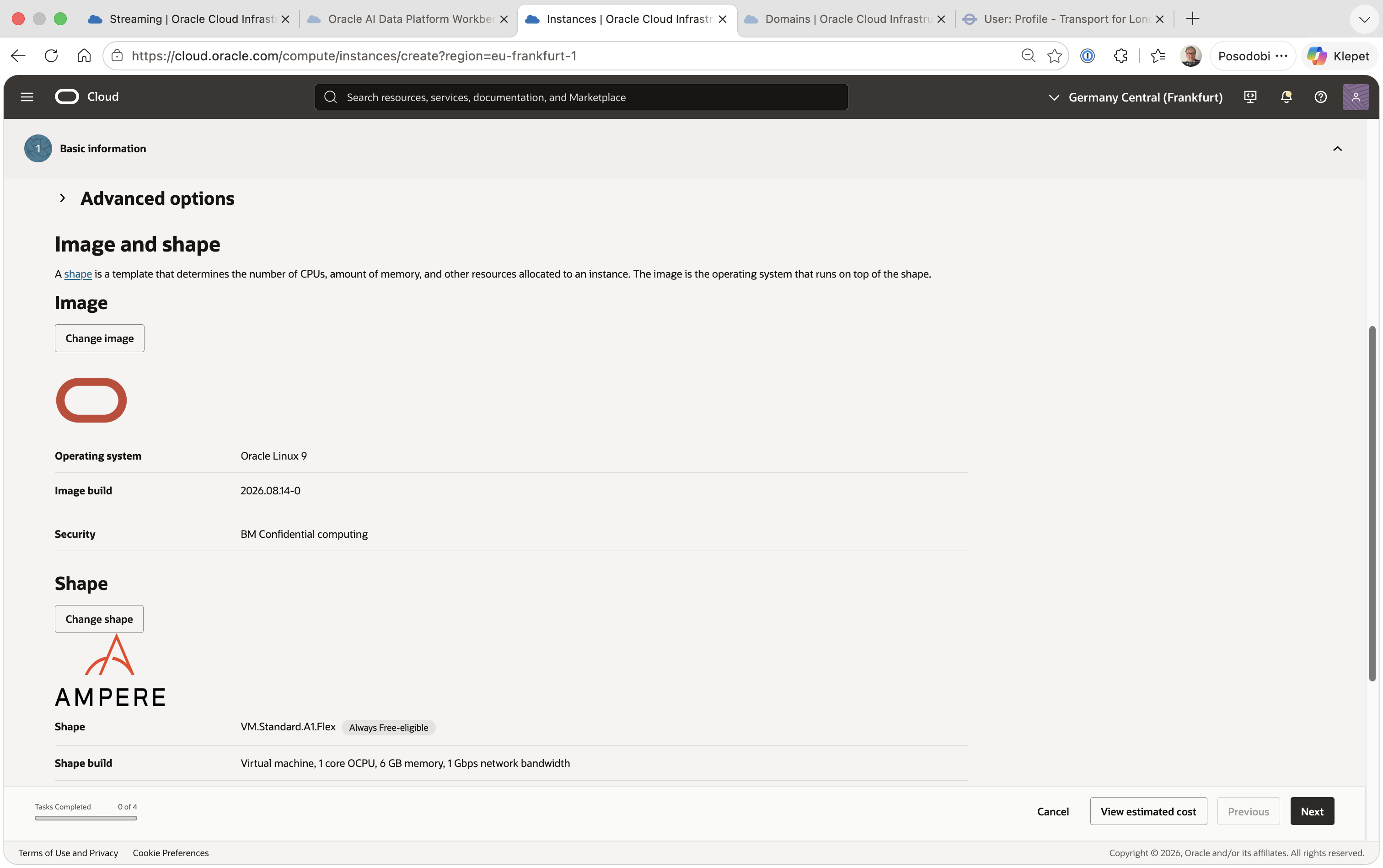 Create compute instance — Oracle Linux 9, VM.Standard.A1.Flex, Always Free-eligible
