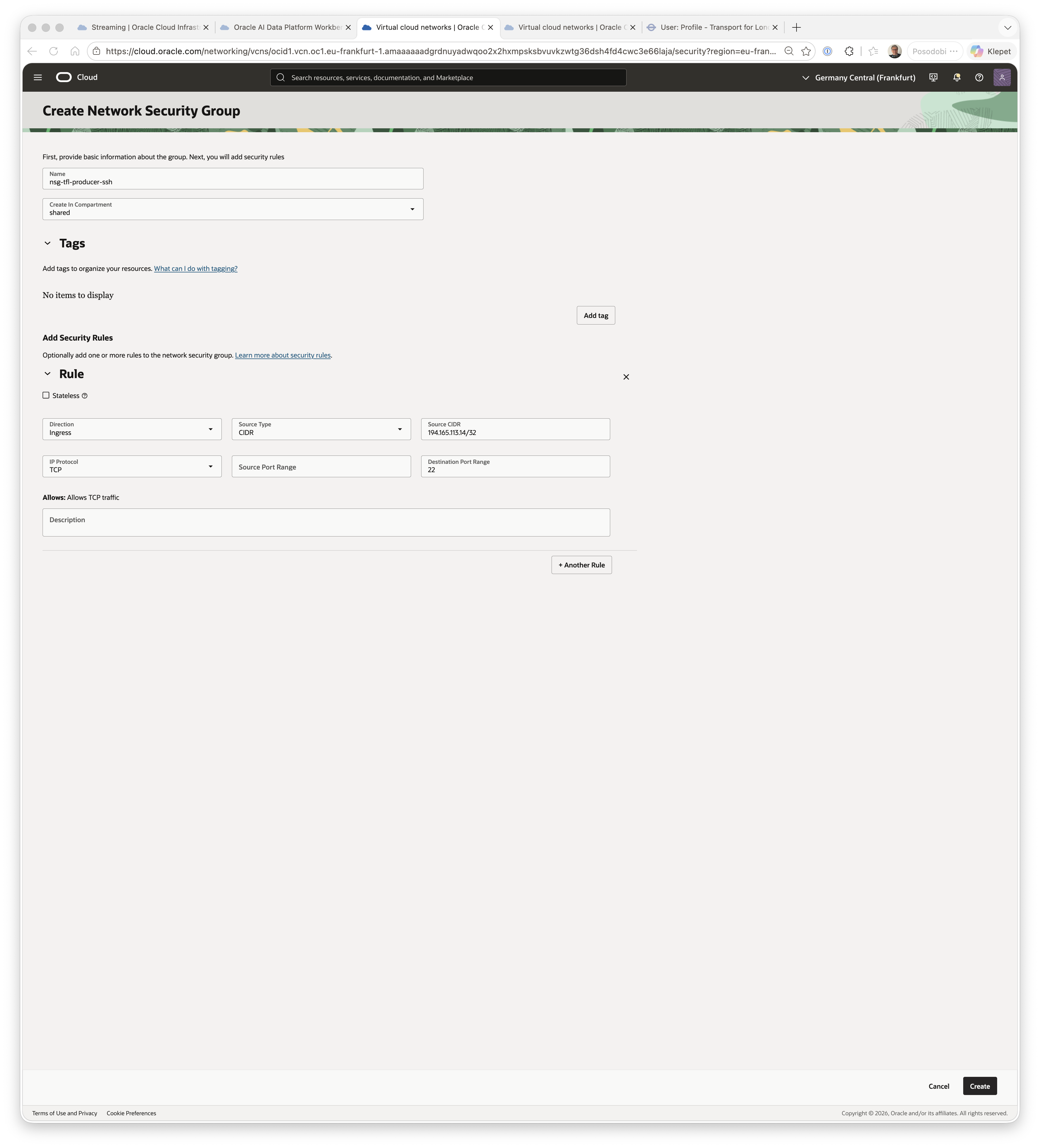 Create Network Security Group — nsg-tfl-producer-ssh, TCP/22 ingress from a single IP