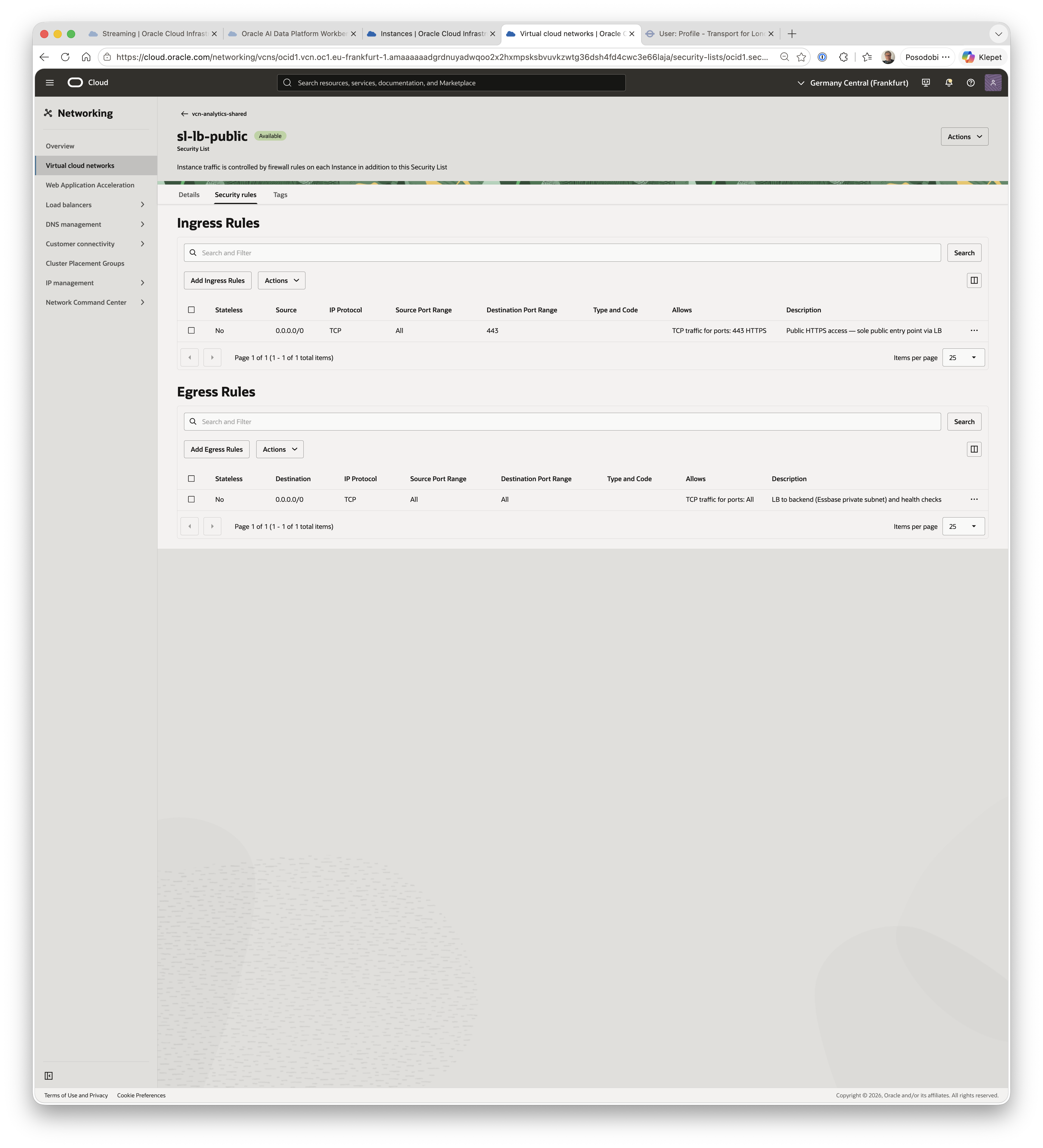 sl-lb-public security list, showing the existing port-443-only ingress rule