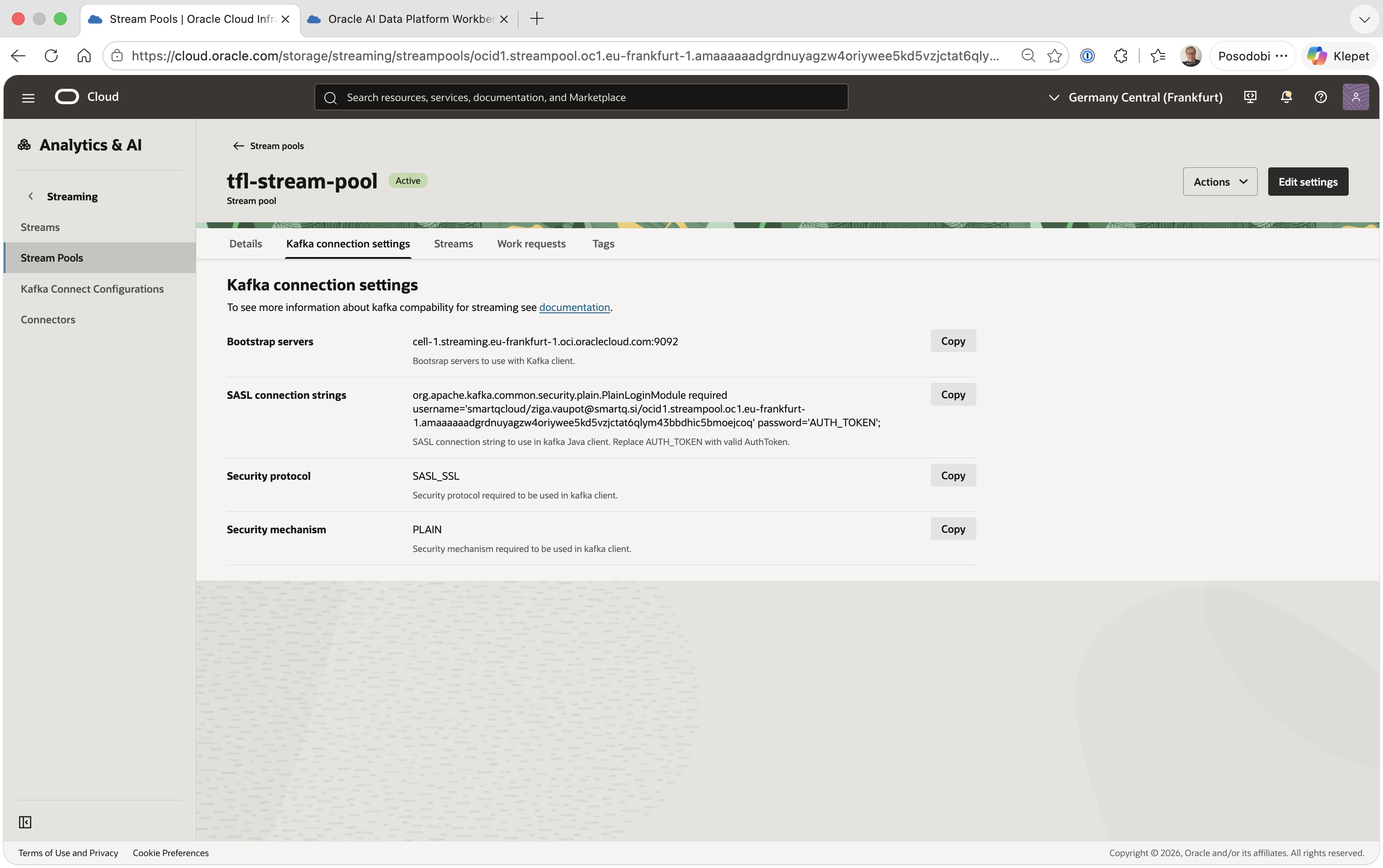 tfl-stream-pool, Active, Kafka connection settings tab showing bootstrap servers