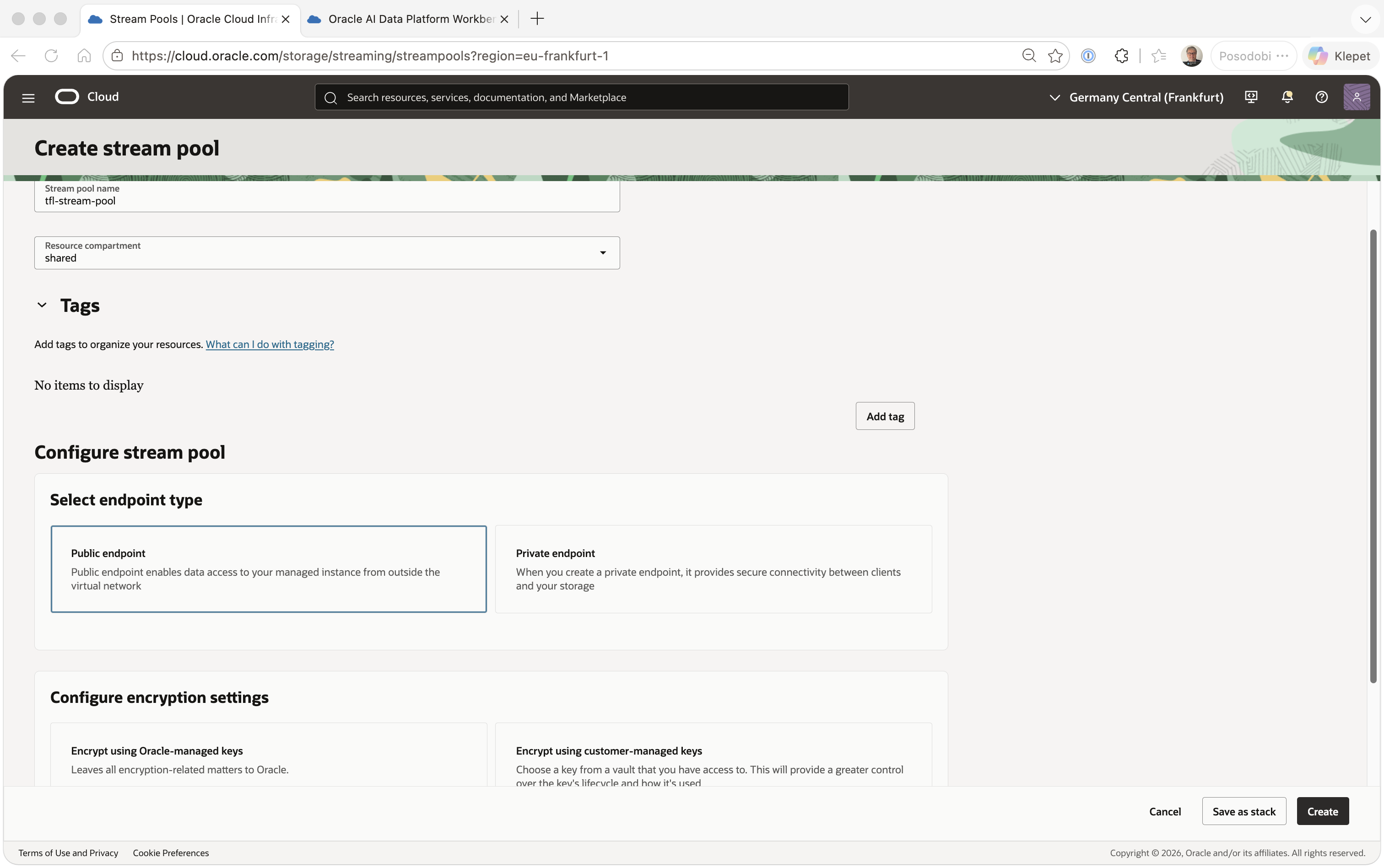 Create Stream Pool dialog, named tfl-stream-pool in the shared compartment