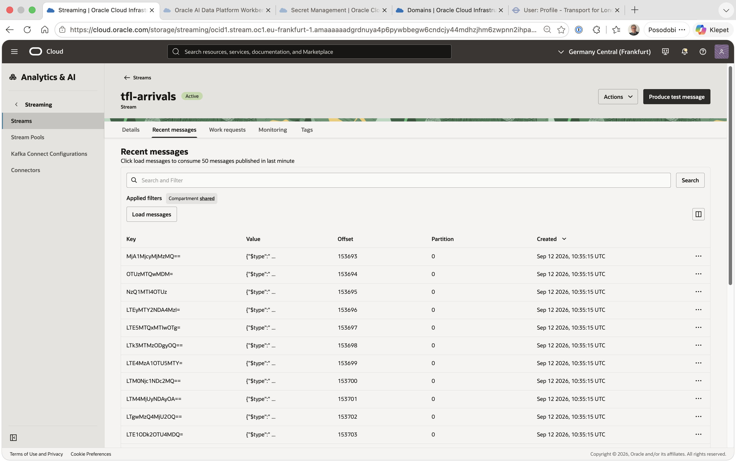tfl-arrivals Recent messages tab, showing real offsets and message keys