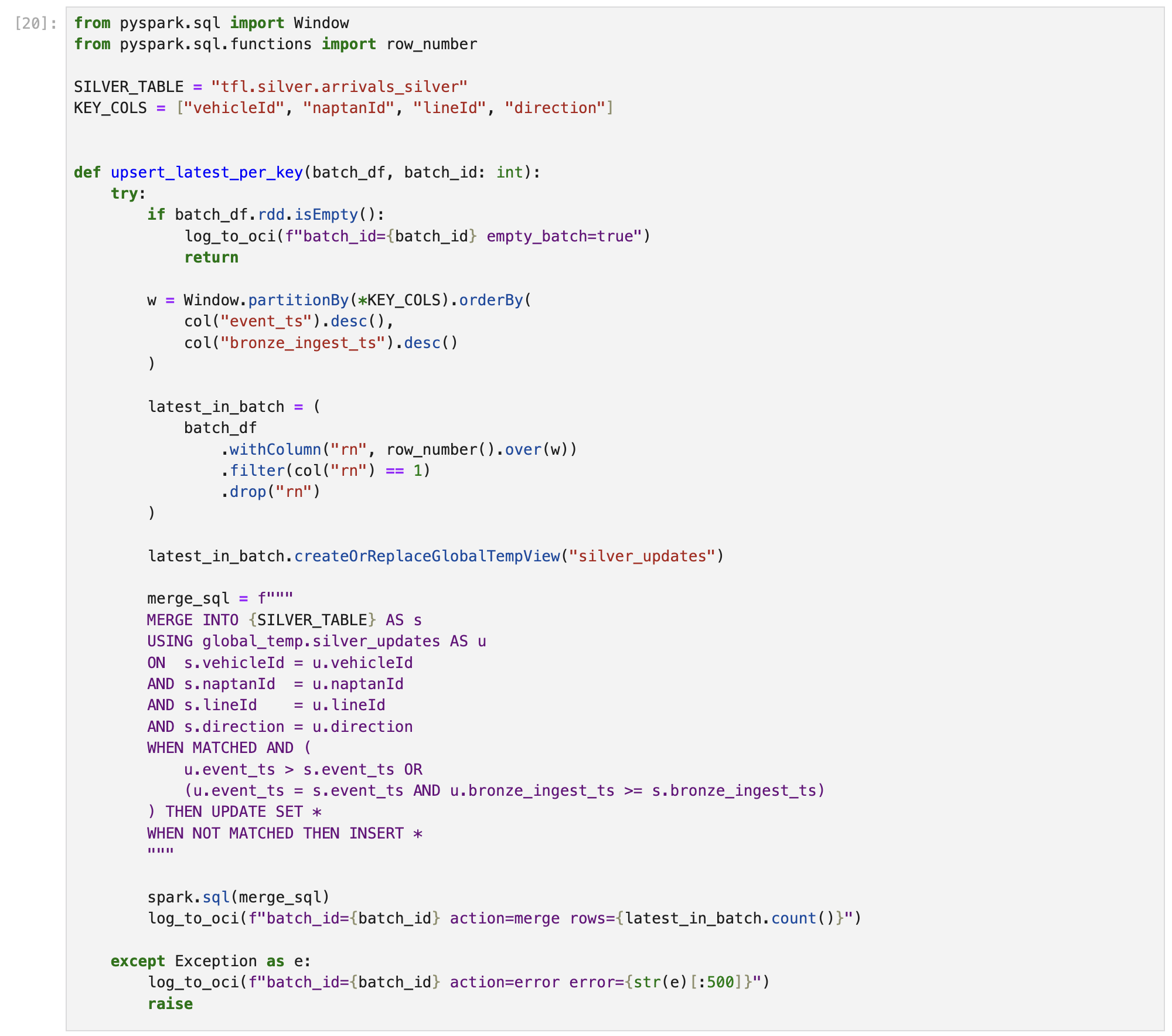 The upsert_latest_per_key foreachBatch function, ranking rows by window and running the MERGE INTO statement