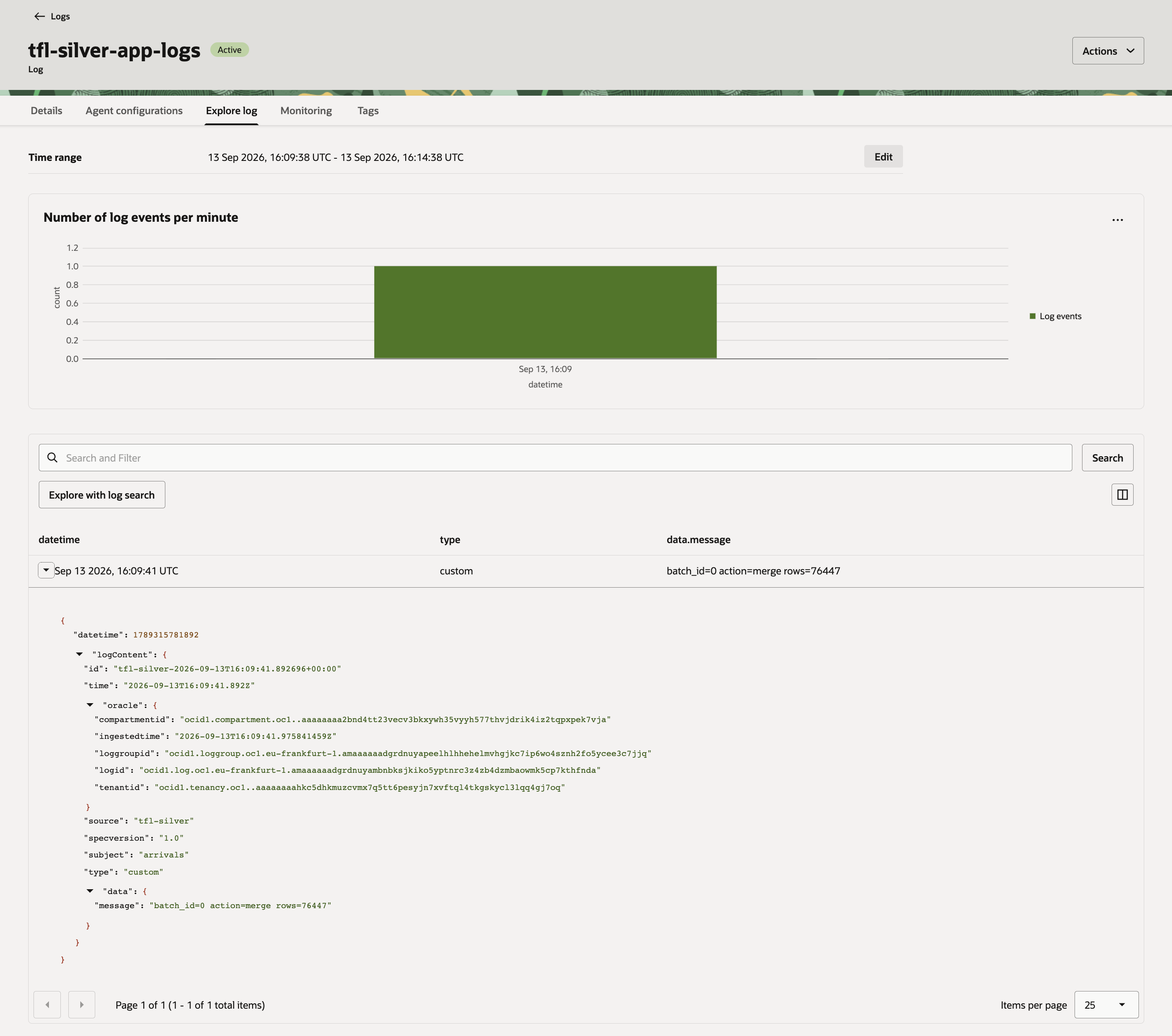 OCI Logging Log Explorer showing the tfl-silver-app-logs entry with message batch_id=0 action=merge rows=76447, plus full compartment/log group/tenant metadata