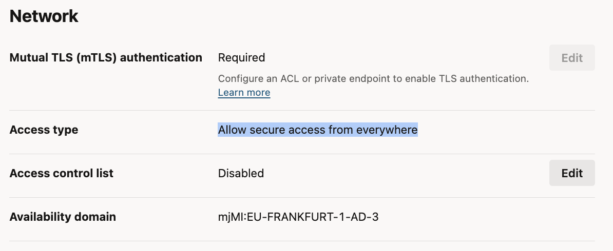 ADW network settings: public endpoint, mTLS required