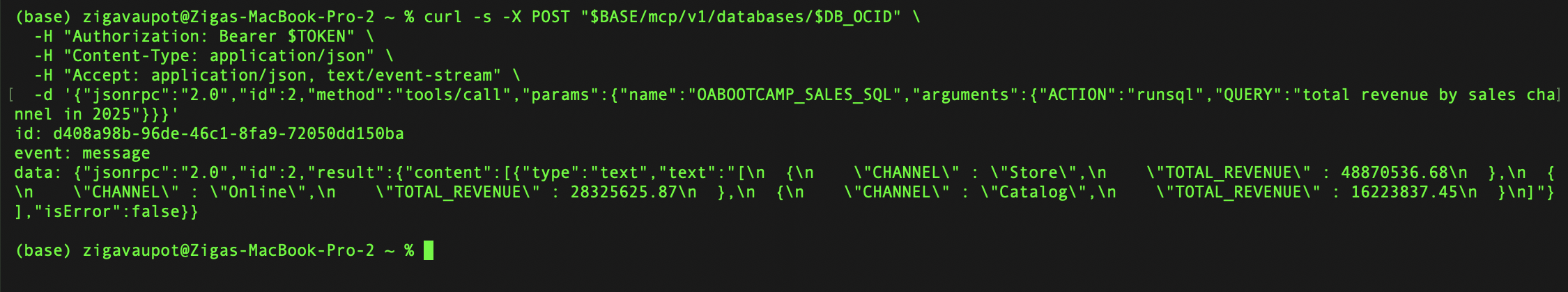 MCP tools/call to OABOOTCAMP_SALES_SQL with runsql