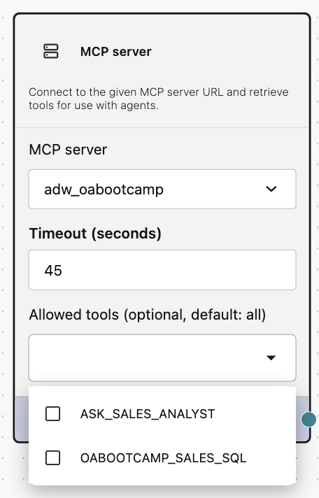 OPAF MCP server node listing the ADB tools