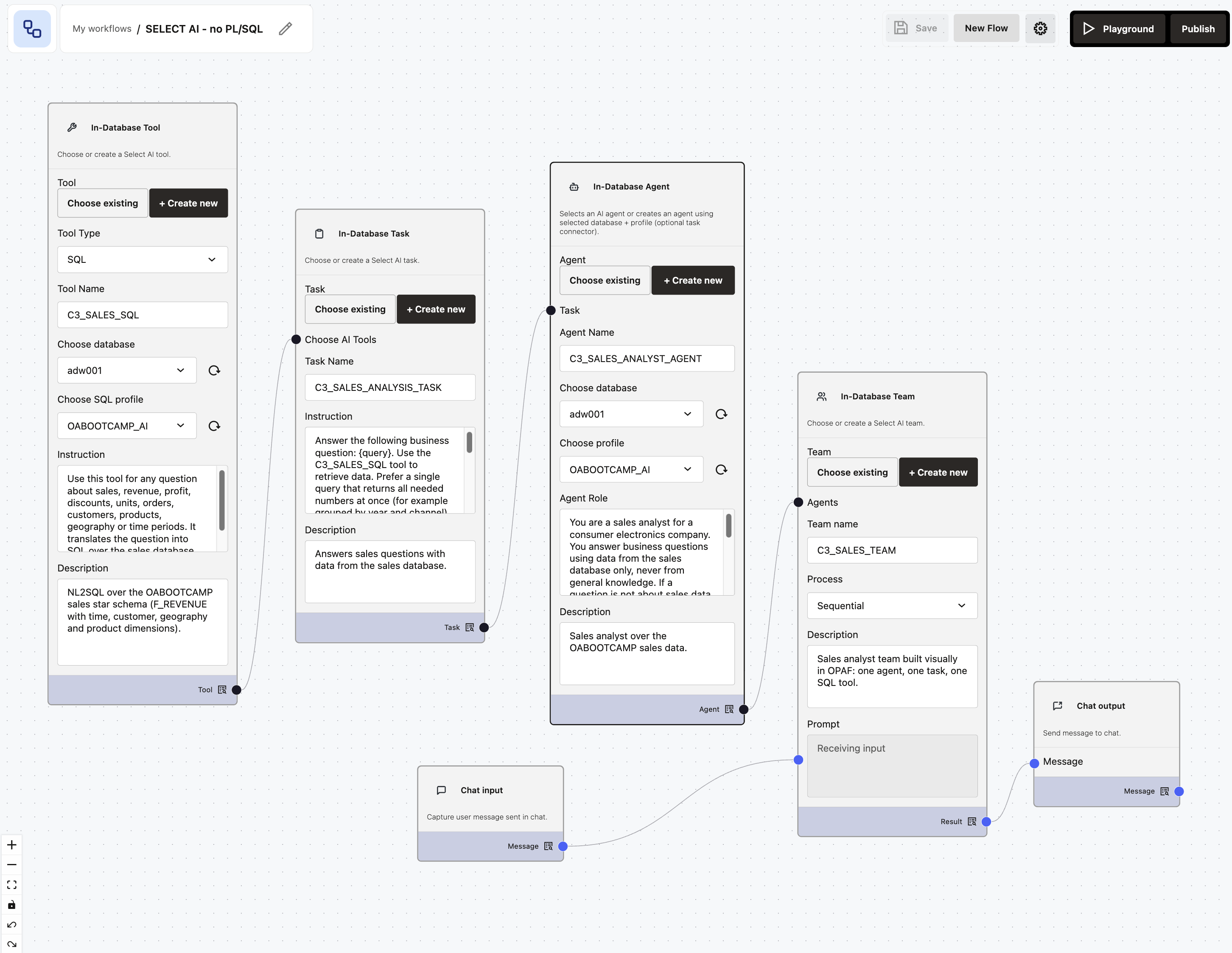 Flow C3 canvas: In-Database Tool, Task, Agent and Team nodes in Create new mode