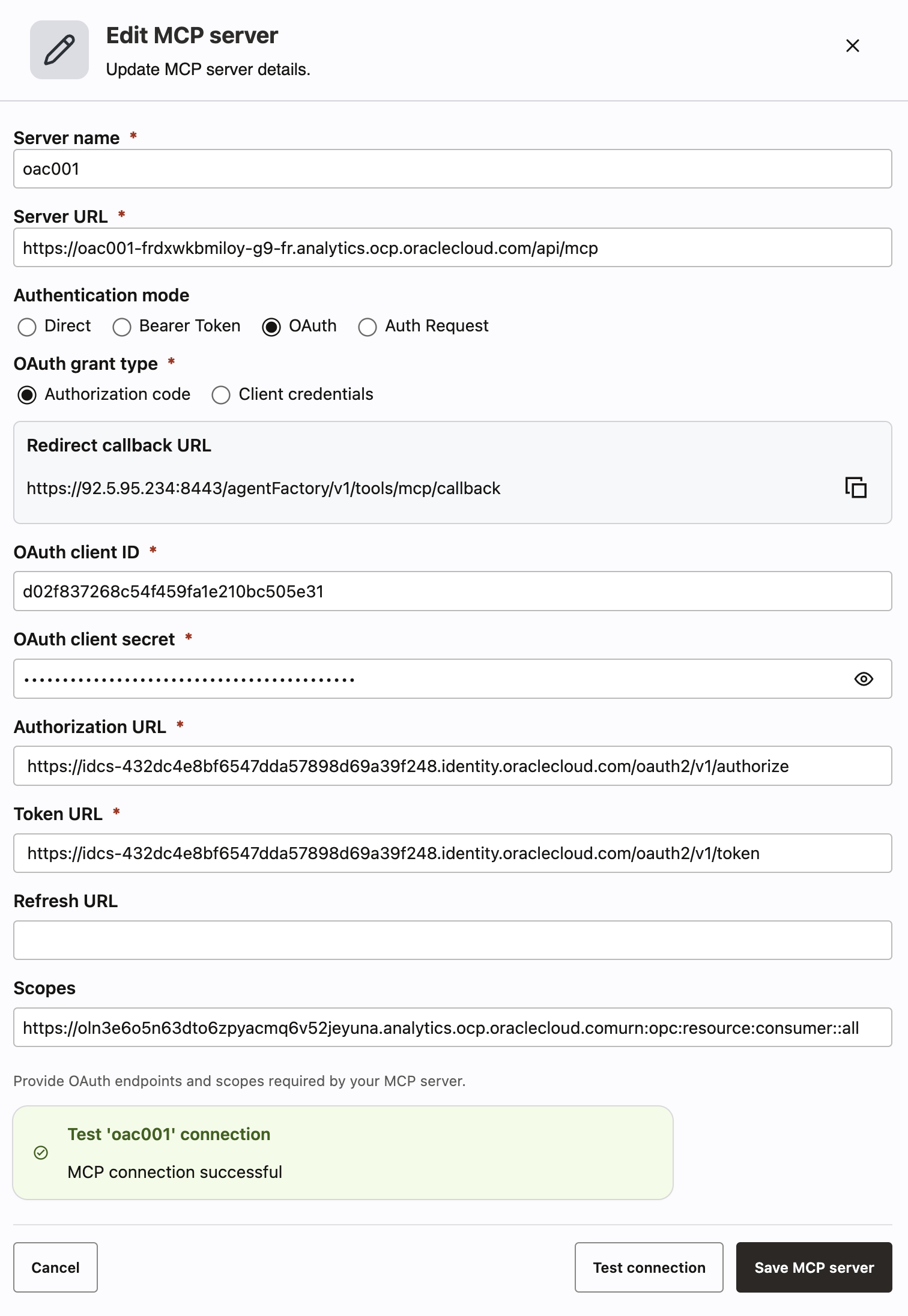 Adding the MCP server in OPAF, with a successful test connection