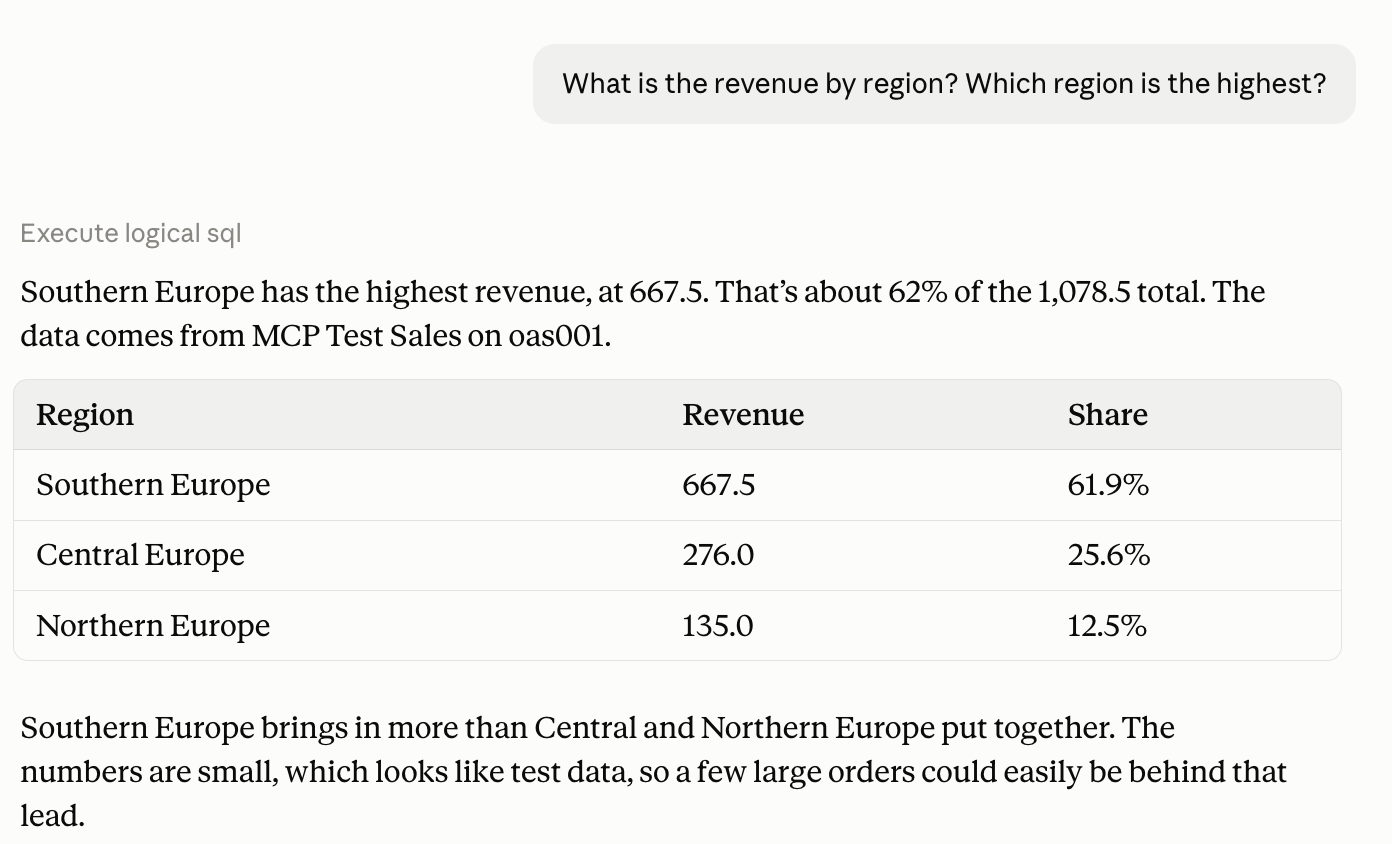 Claude answering revenue by region with shares