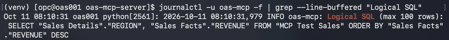 Logical SQL generated by the OPAF agent in the oas-mcp log